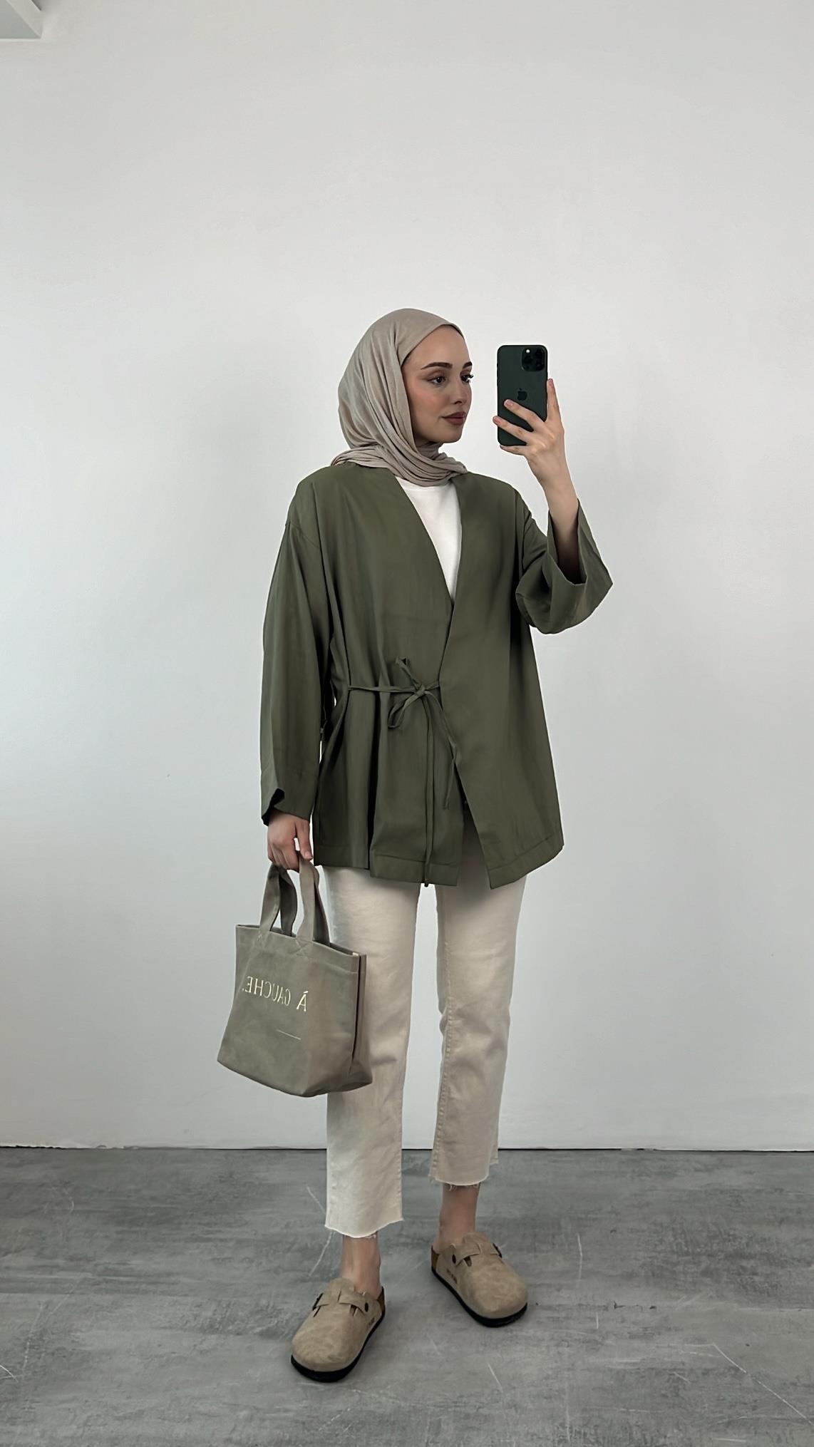Yazlık Kumaş Yandan Bağlamalı Kimono Haki