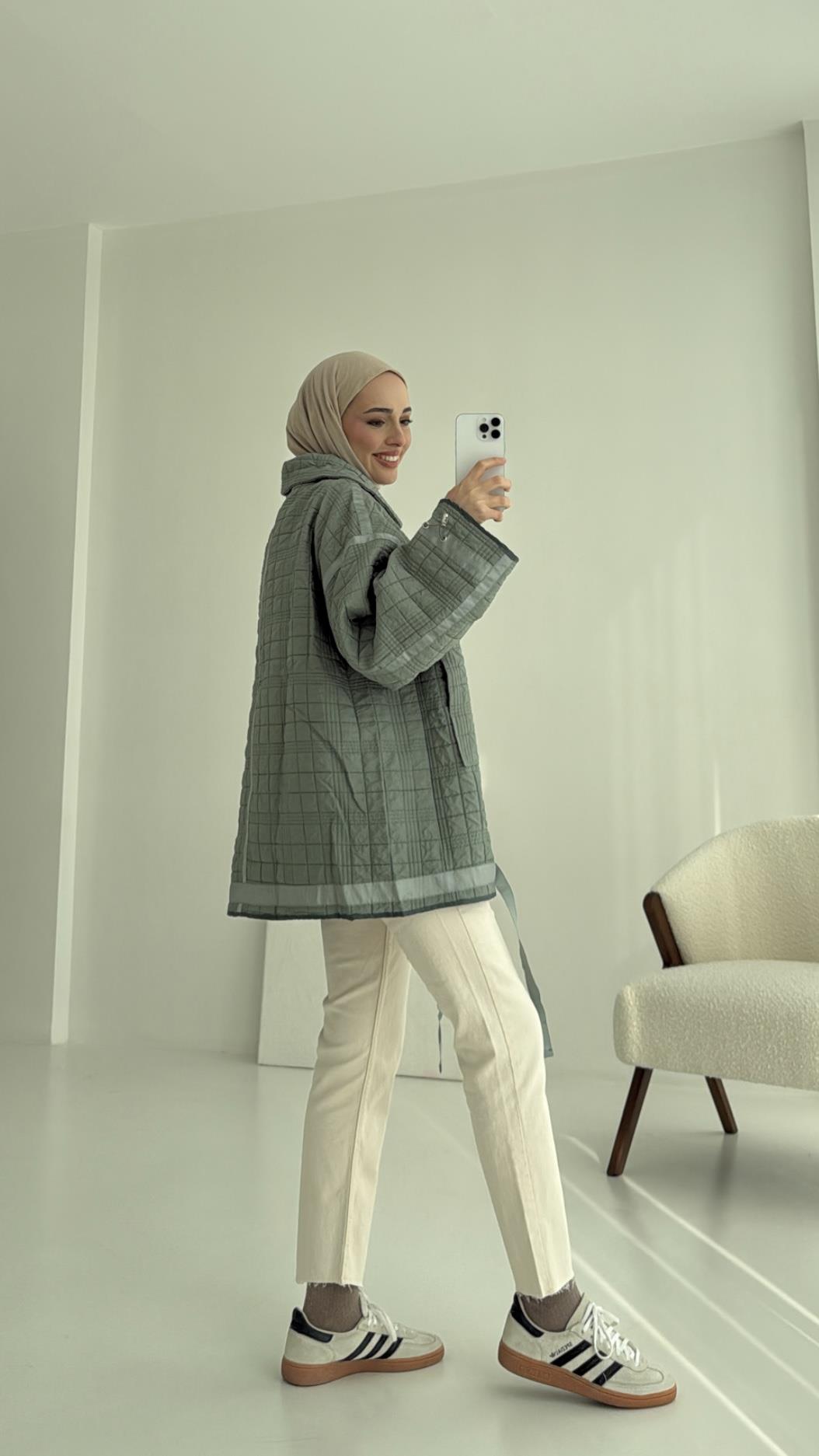 Kapitone Oversize Kol Detay Ceket Yeşil