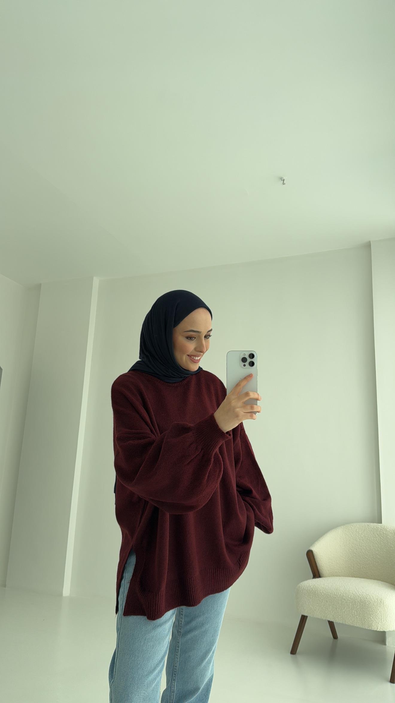 Yırtmaç Detay Balon Kol Triko Bordo