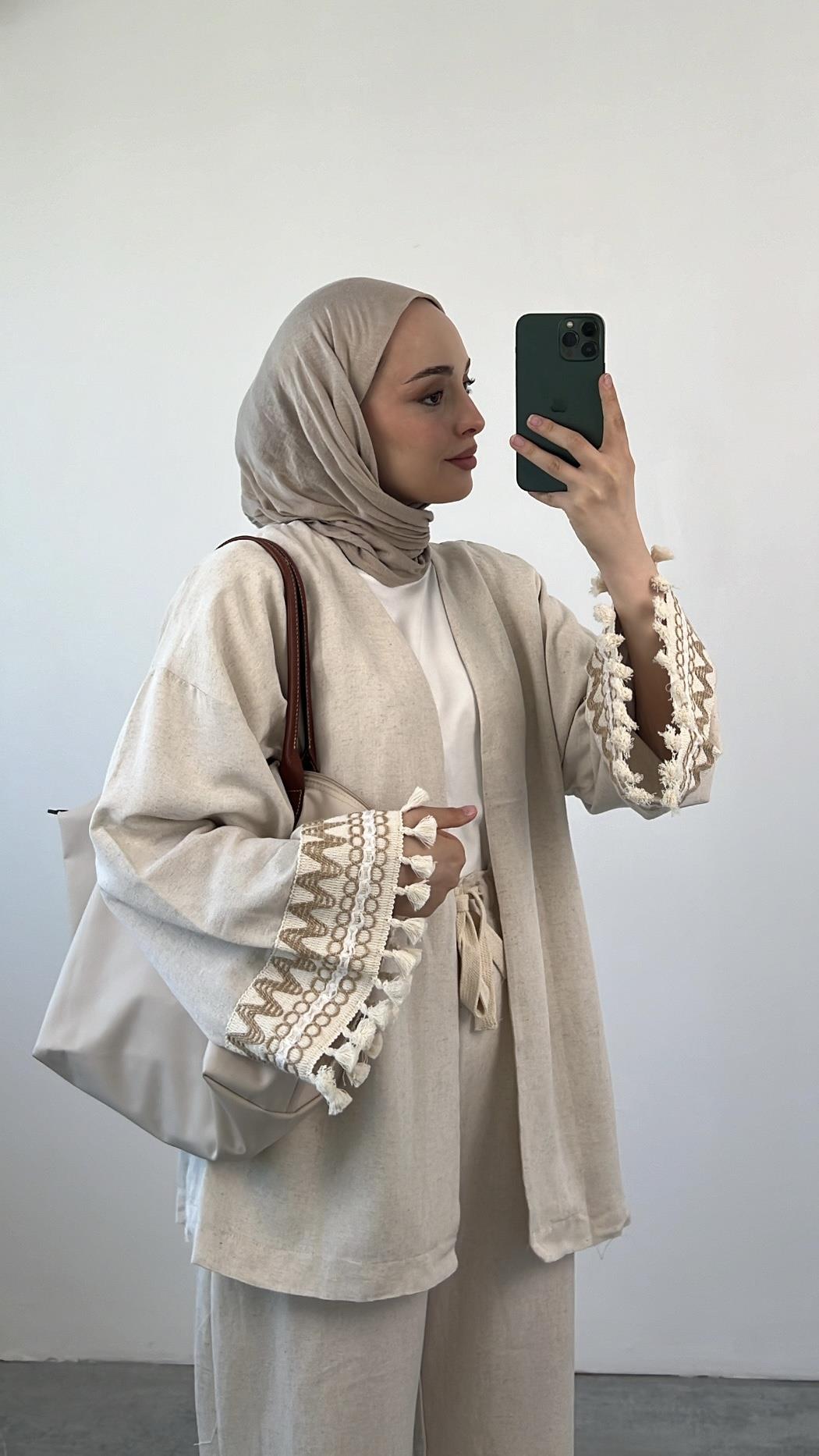 Kol Detay Kimonolu Keten Takım Taş