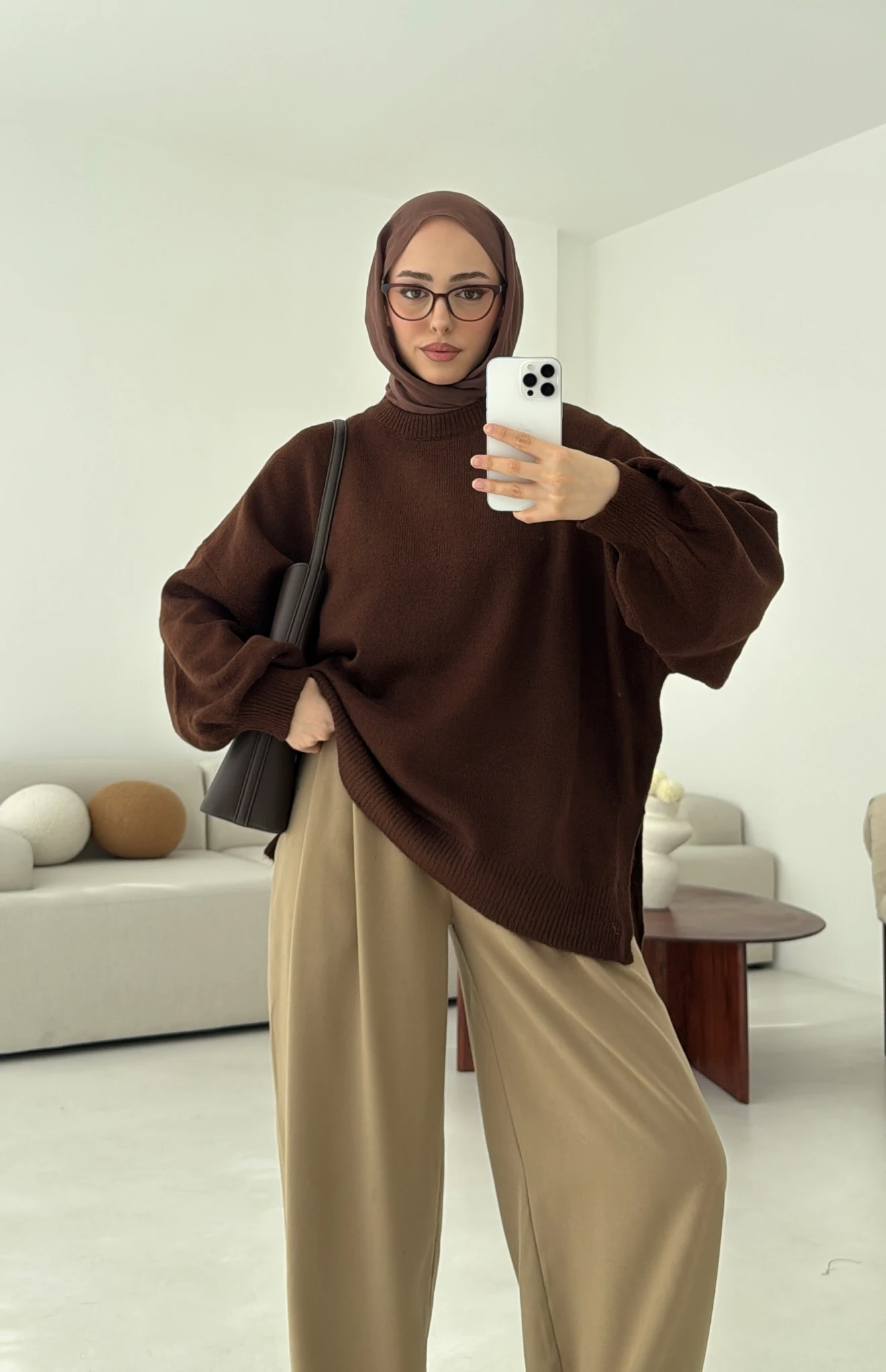 Yırtmaç Detay Balon Kol Kazak Kahve