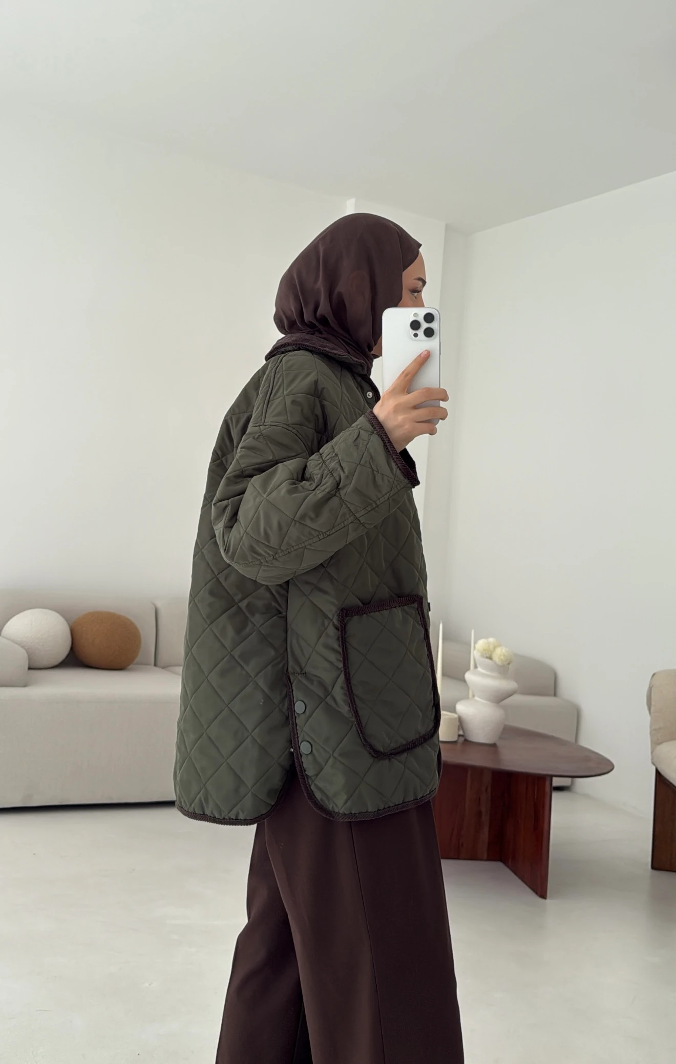 Kapitone Kadife Geçişli Ceket Haki