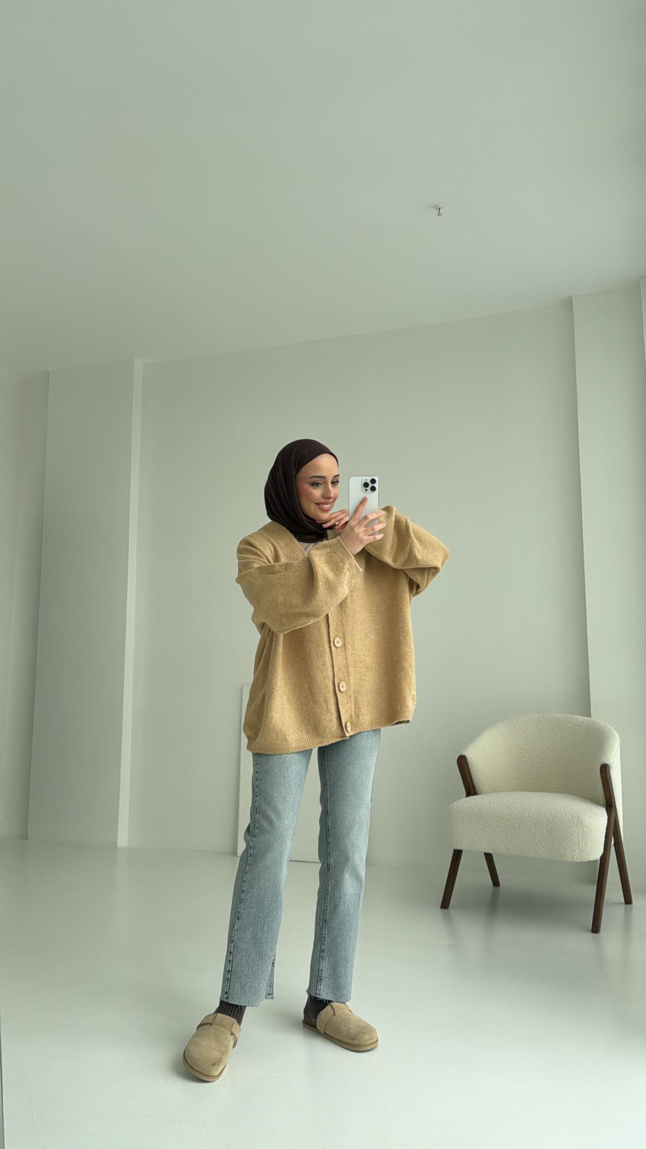 Oversize Yünlü Triko Hırka Vizon