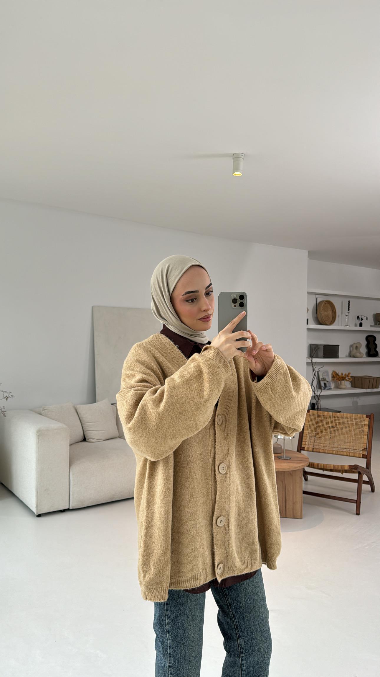 Oversize Yünlü Triko Hırka Vizon