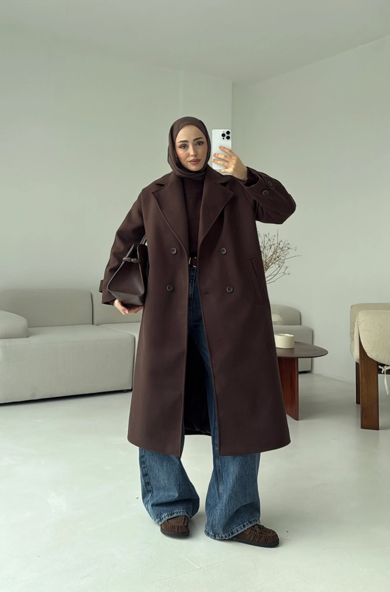 Çift Düğmeli Uzun Kaban Kahve