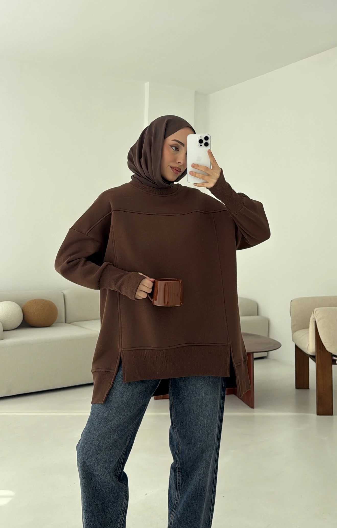 Parmak Geçmeli Asimetri Kesim Sweat Kahve