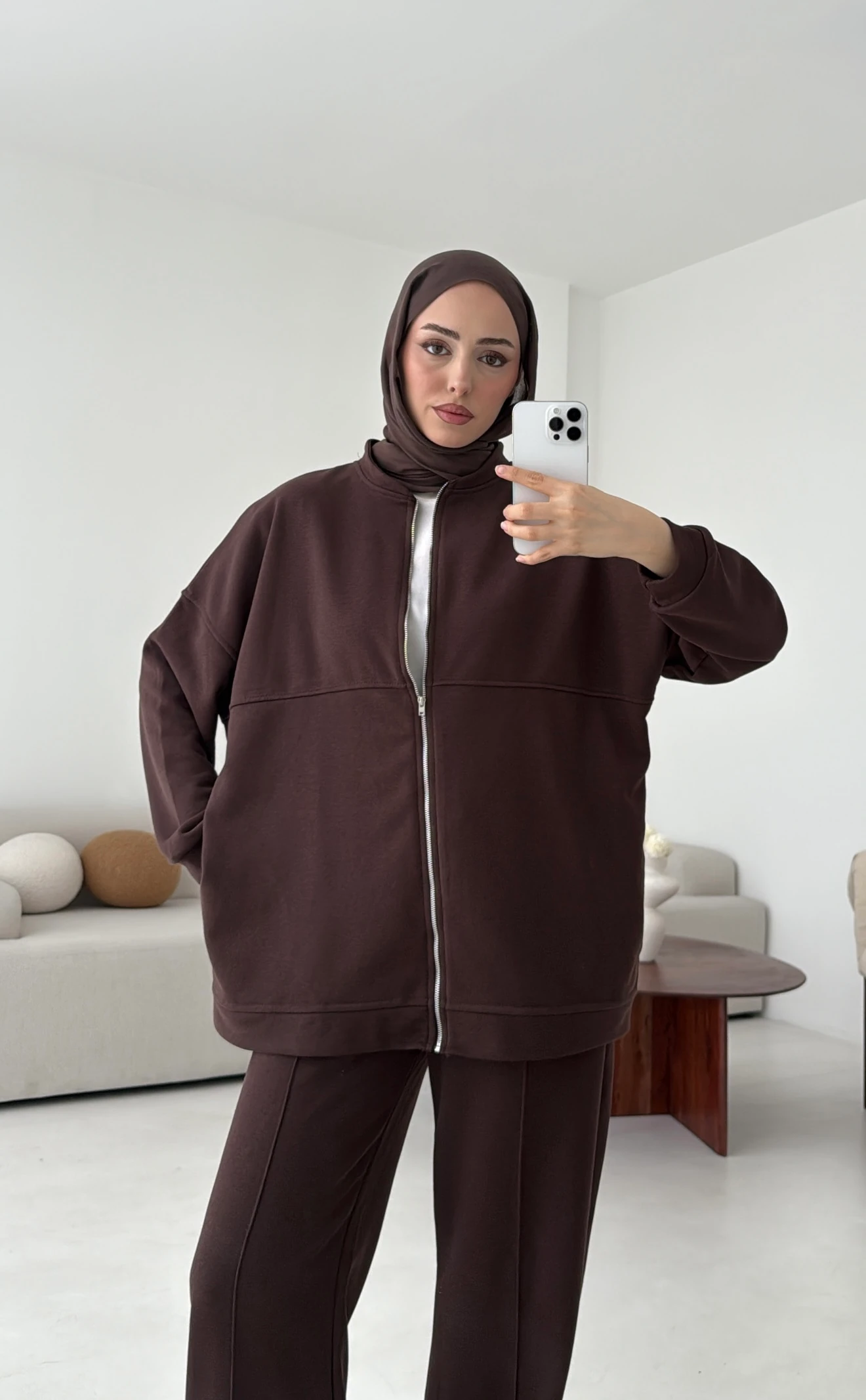 Fermuarlı 3 İplik Takım Kahve