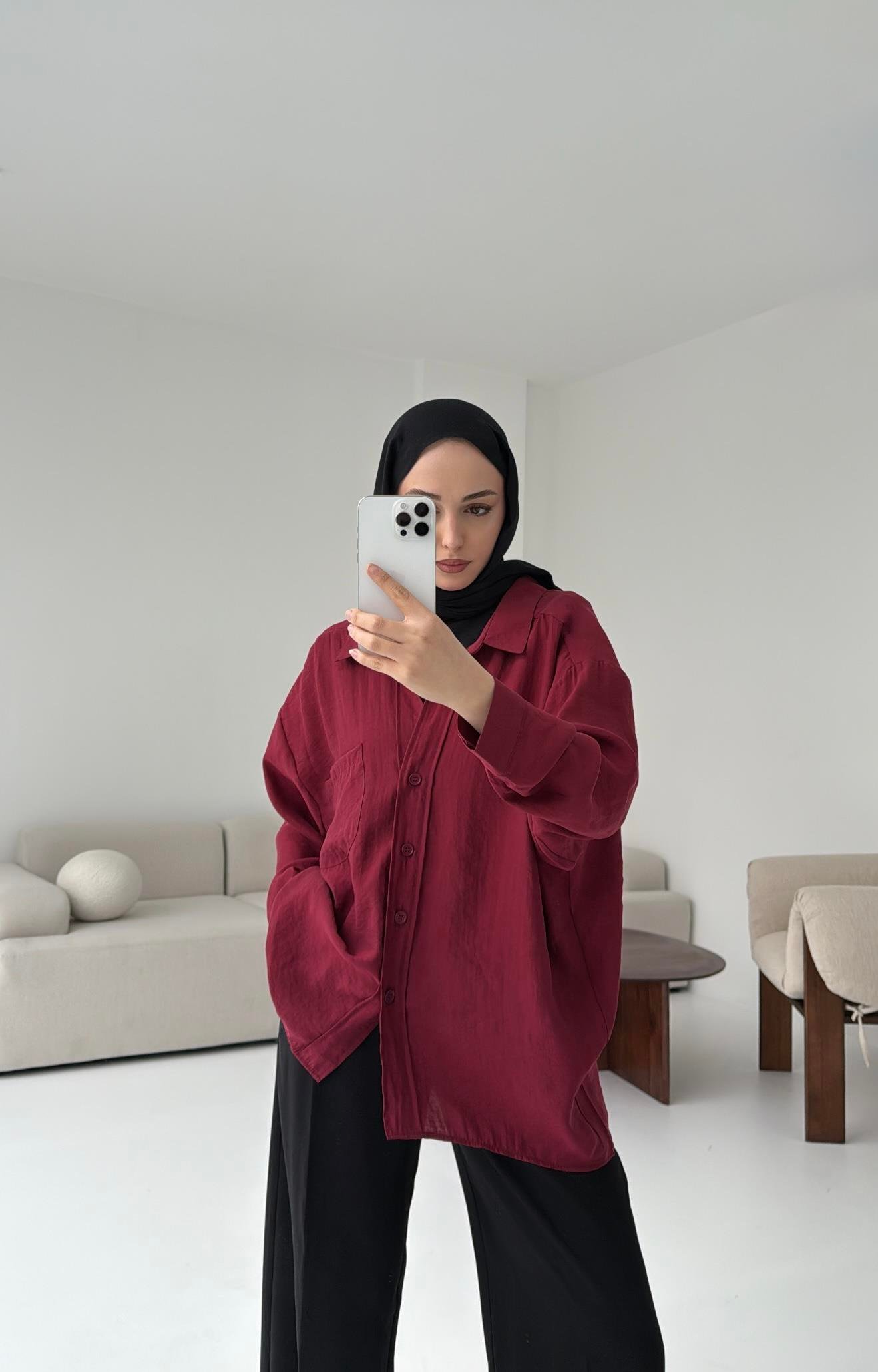 Düşük Omuz Oversize Gömlek Bordo