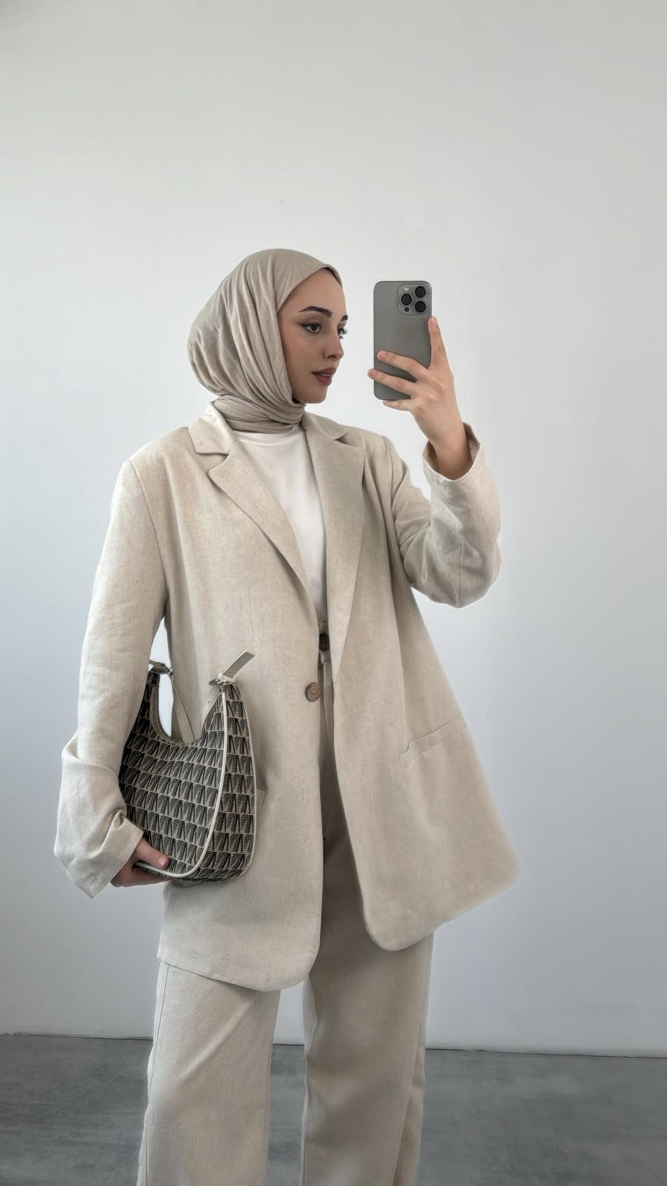 Keten Blazer Ceket Taş