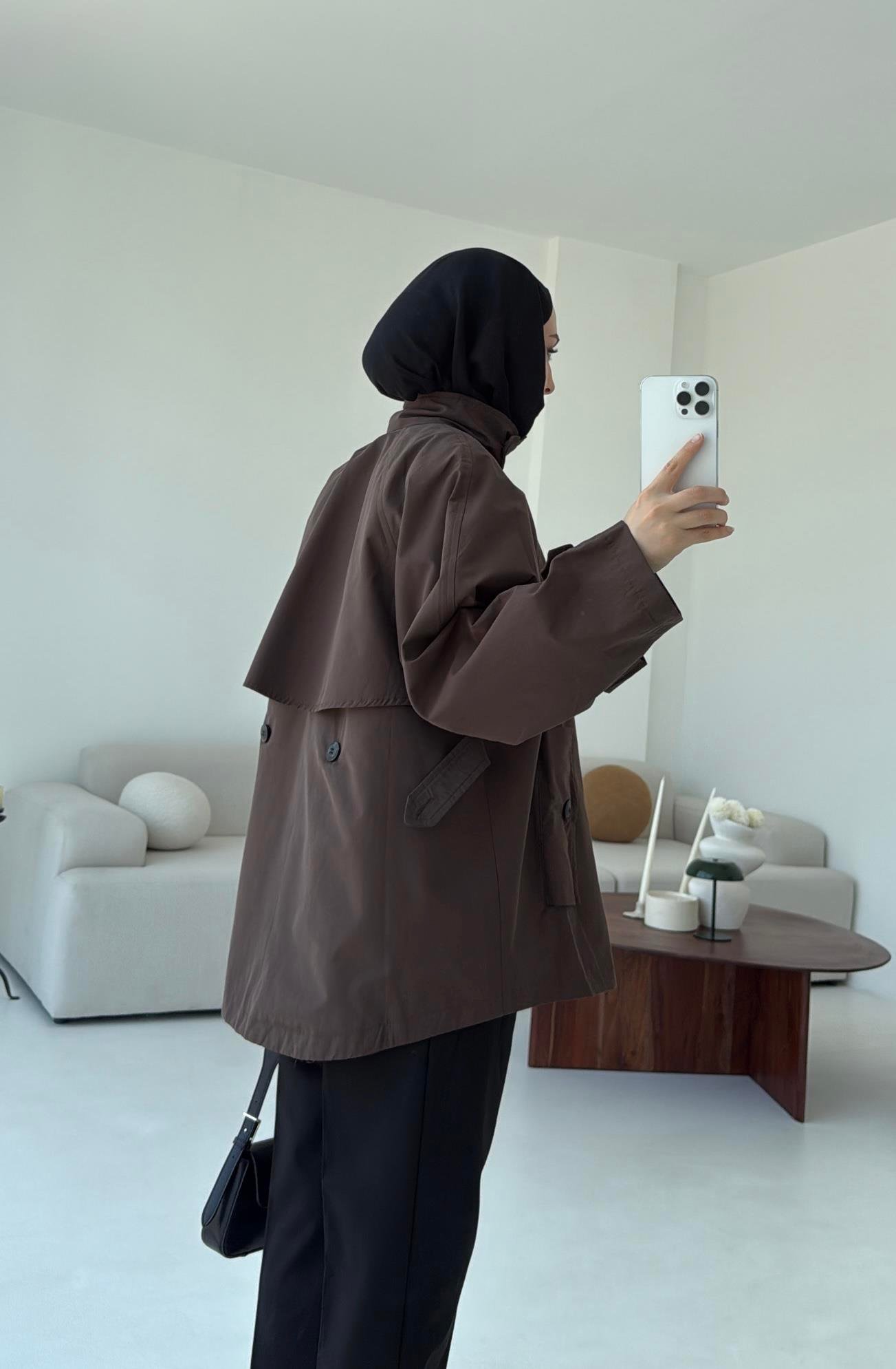 Minimal Yakalı Trençkot Kahve