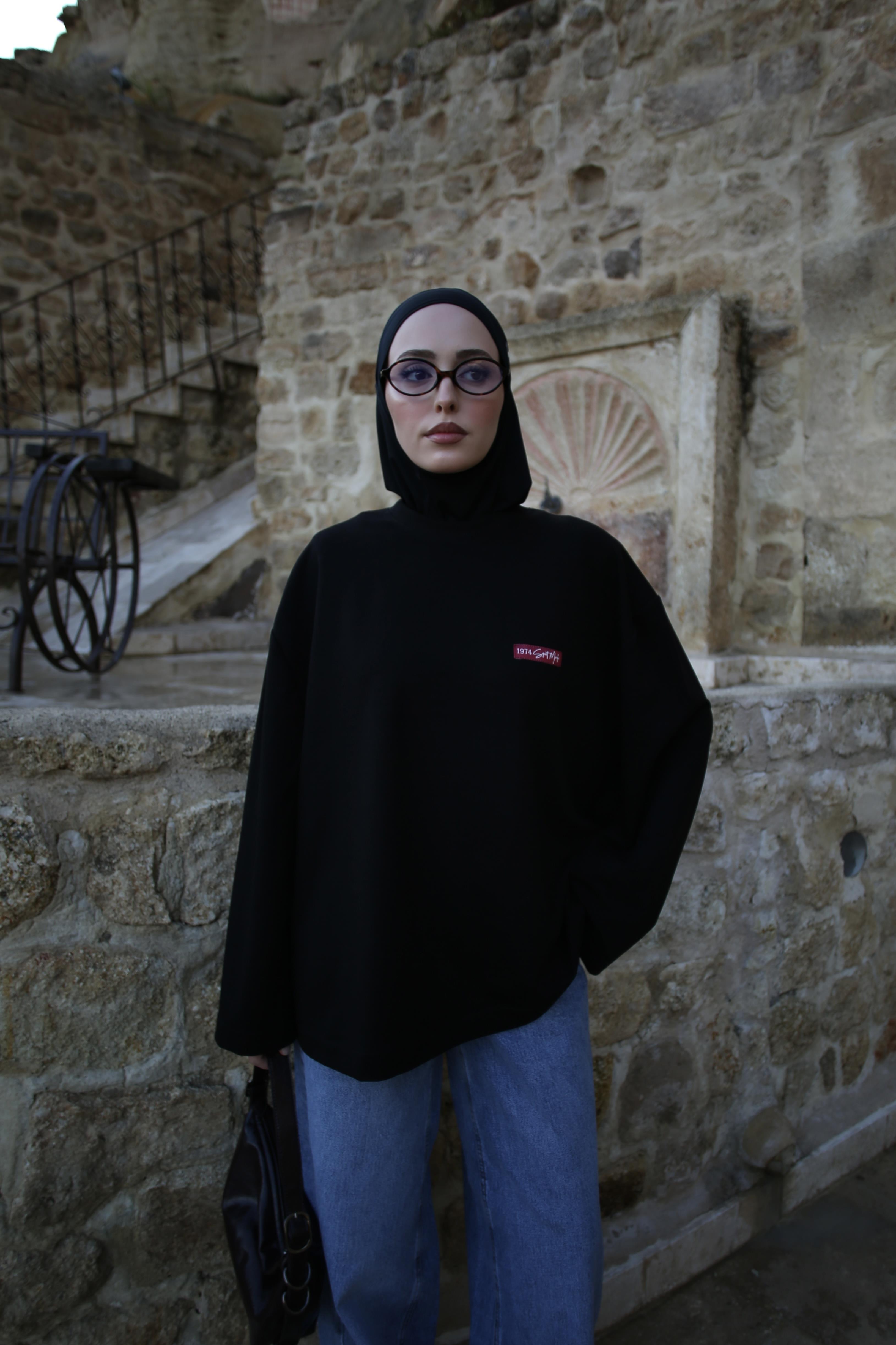 Etiket Baskılı Yazlık Sweatshirt Siyah