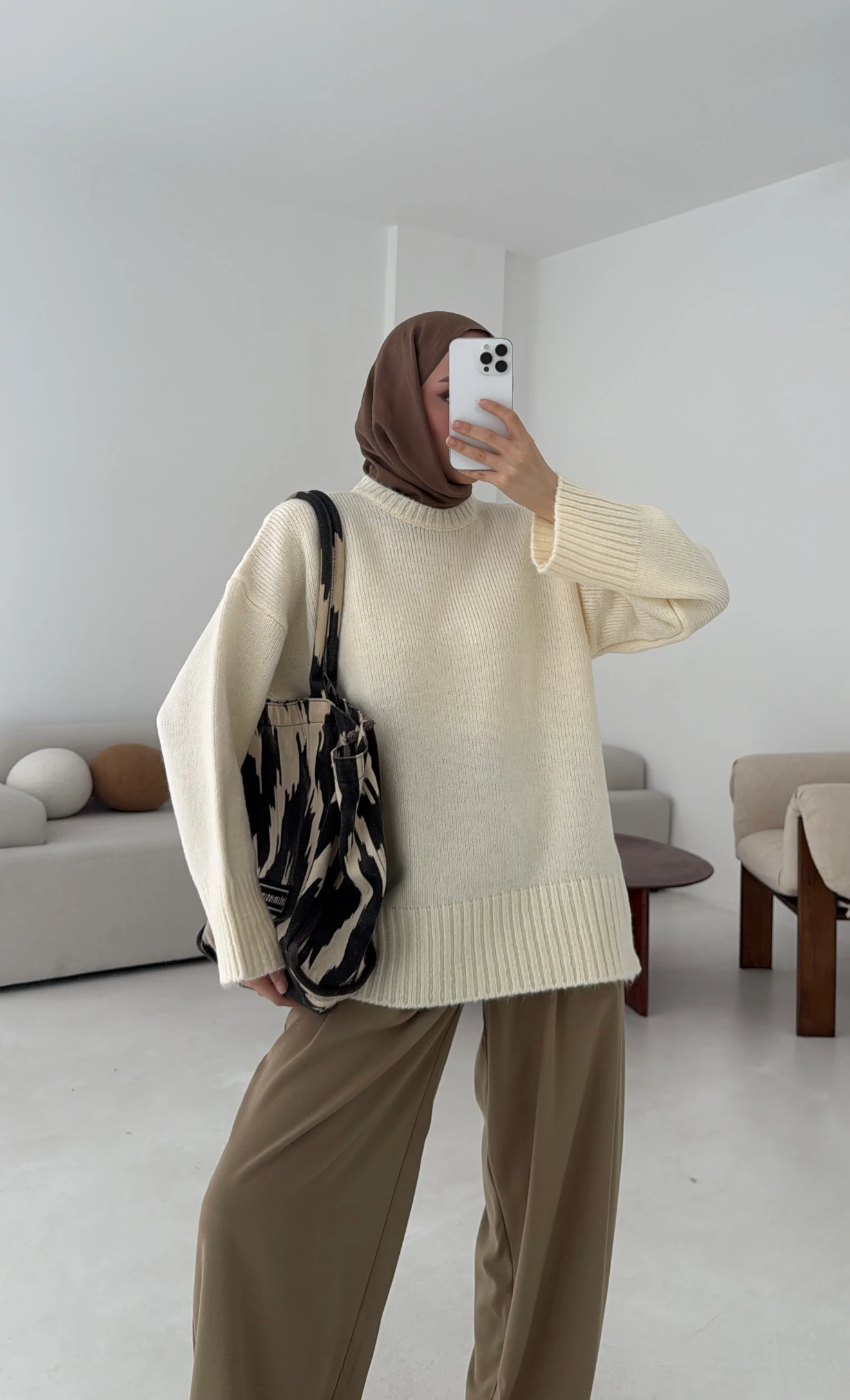 Çift Kat Triko Kazak Krem