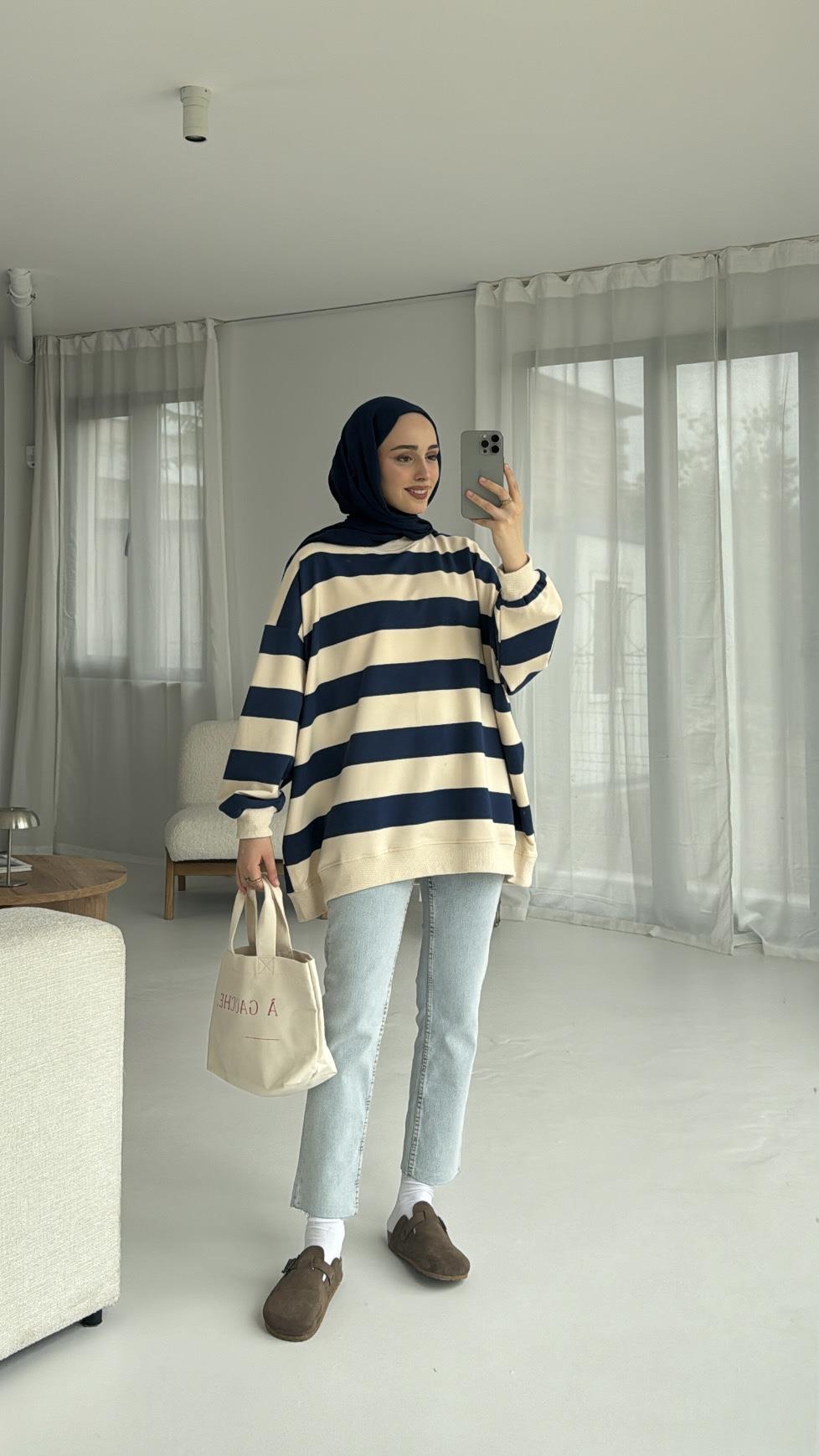 Çizgili Oversize Sweatshirt Lacivert