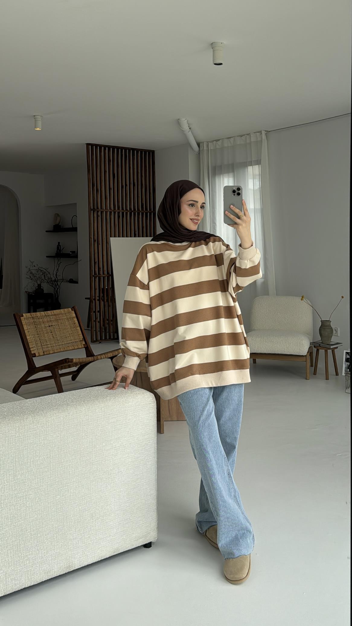 Çizgili Oversize Sweatshirt Kahve