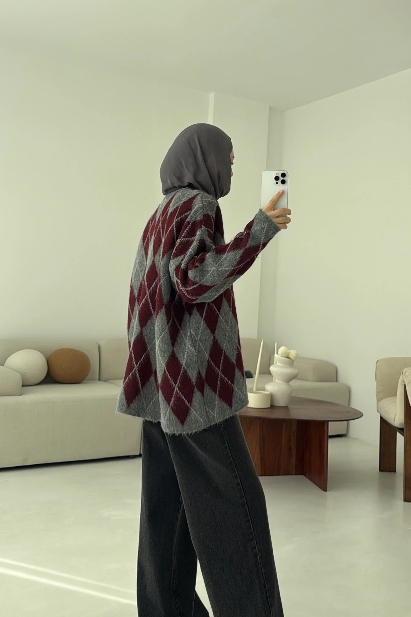 Premium Desenli Kalın Kazak Gri/Bordo