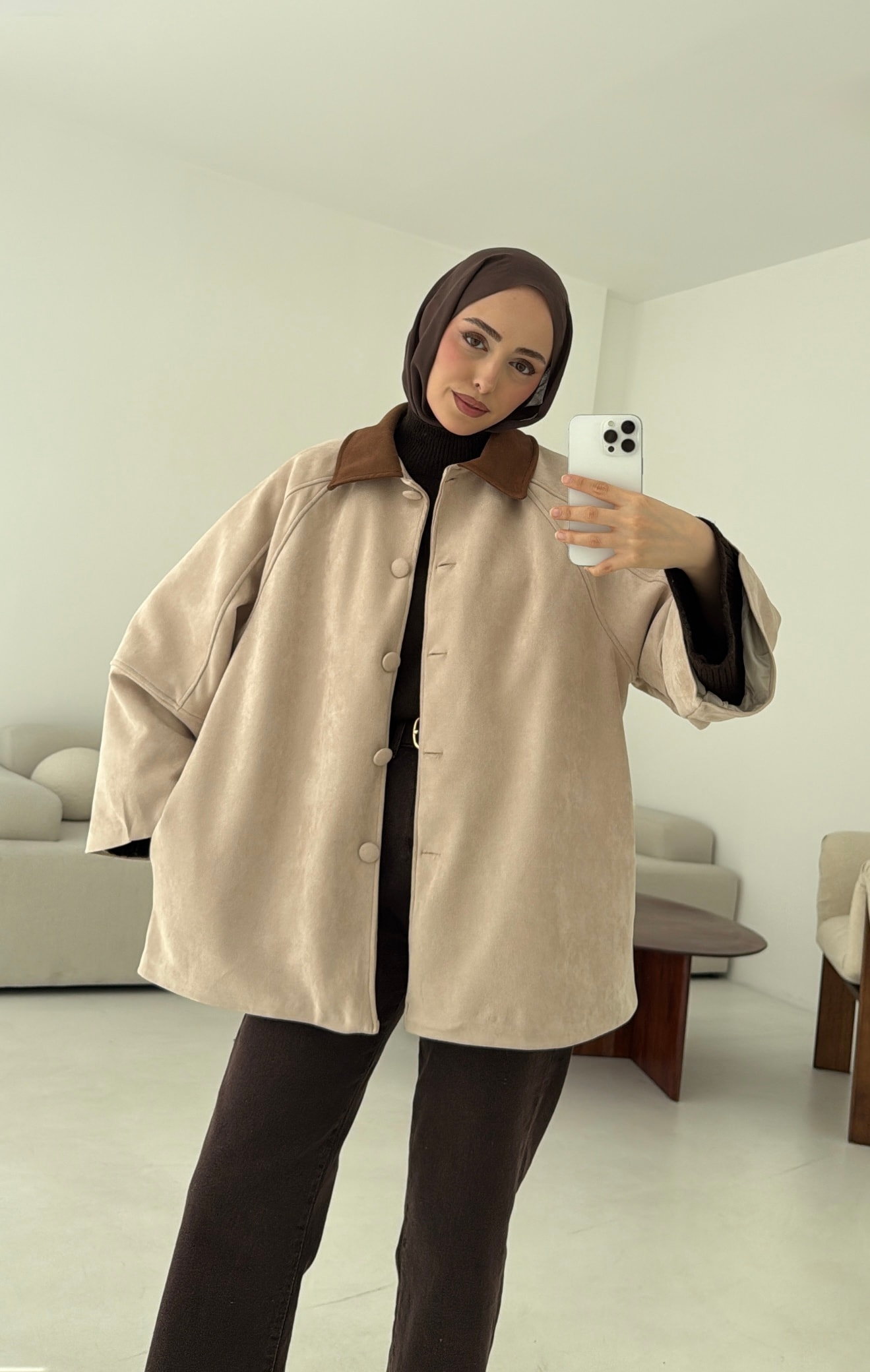 Nubuk Kontrast Yaka Ceket Bej