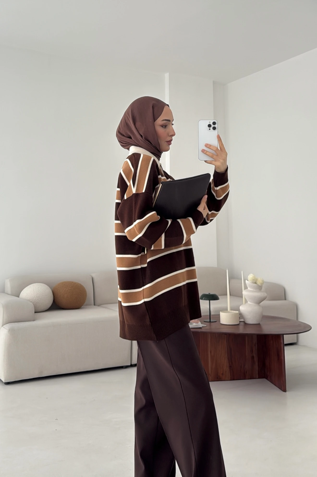 Kahve Hardal Çizgili Triko Kazak (Ön Sipariş Perşembe Kargoda)