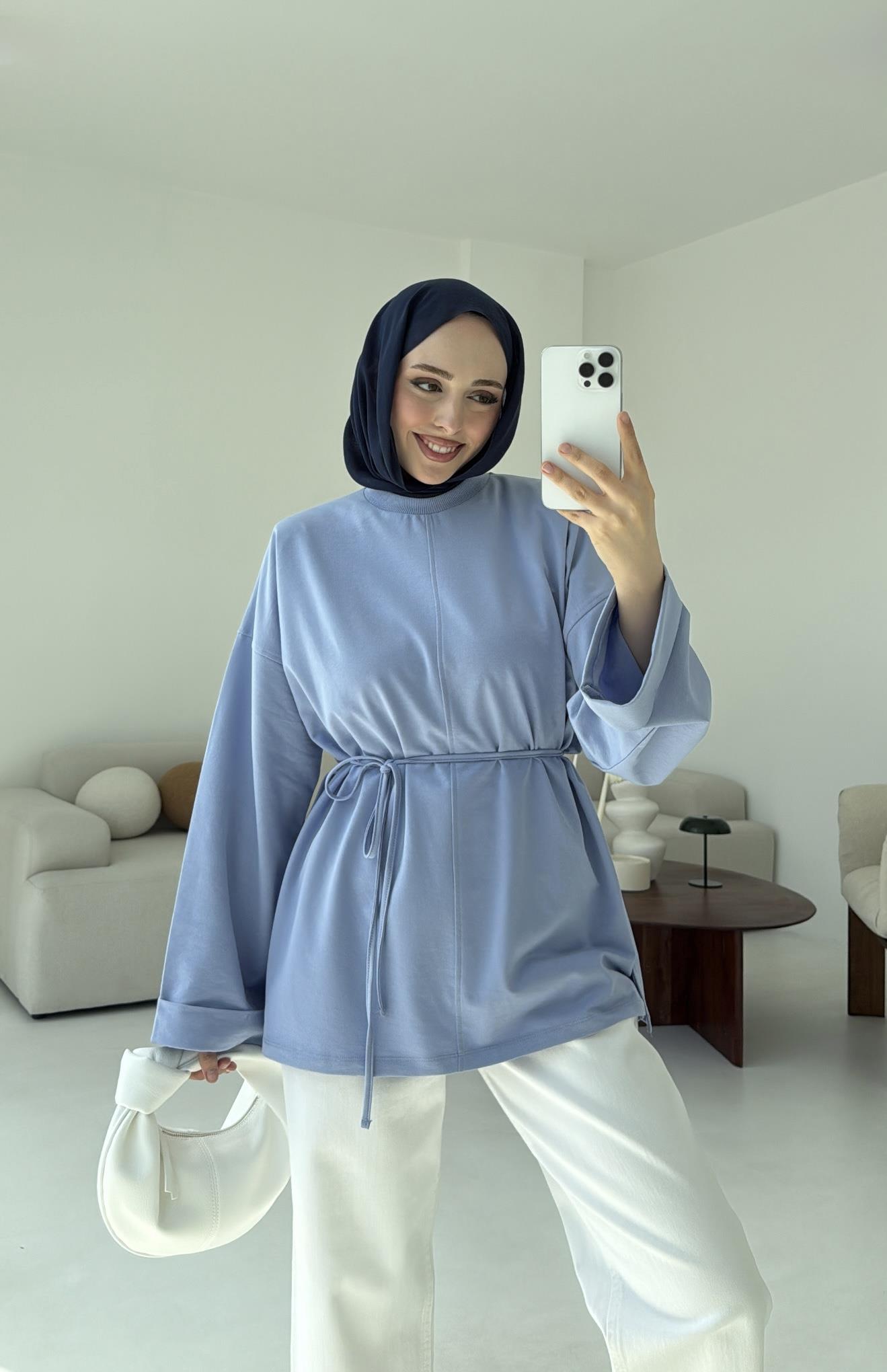 Bağlamalı Yanı Yırtmaç Detay Sweat Mavi
