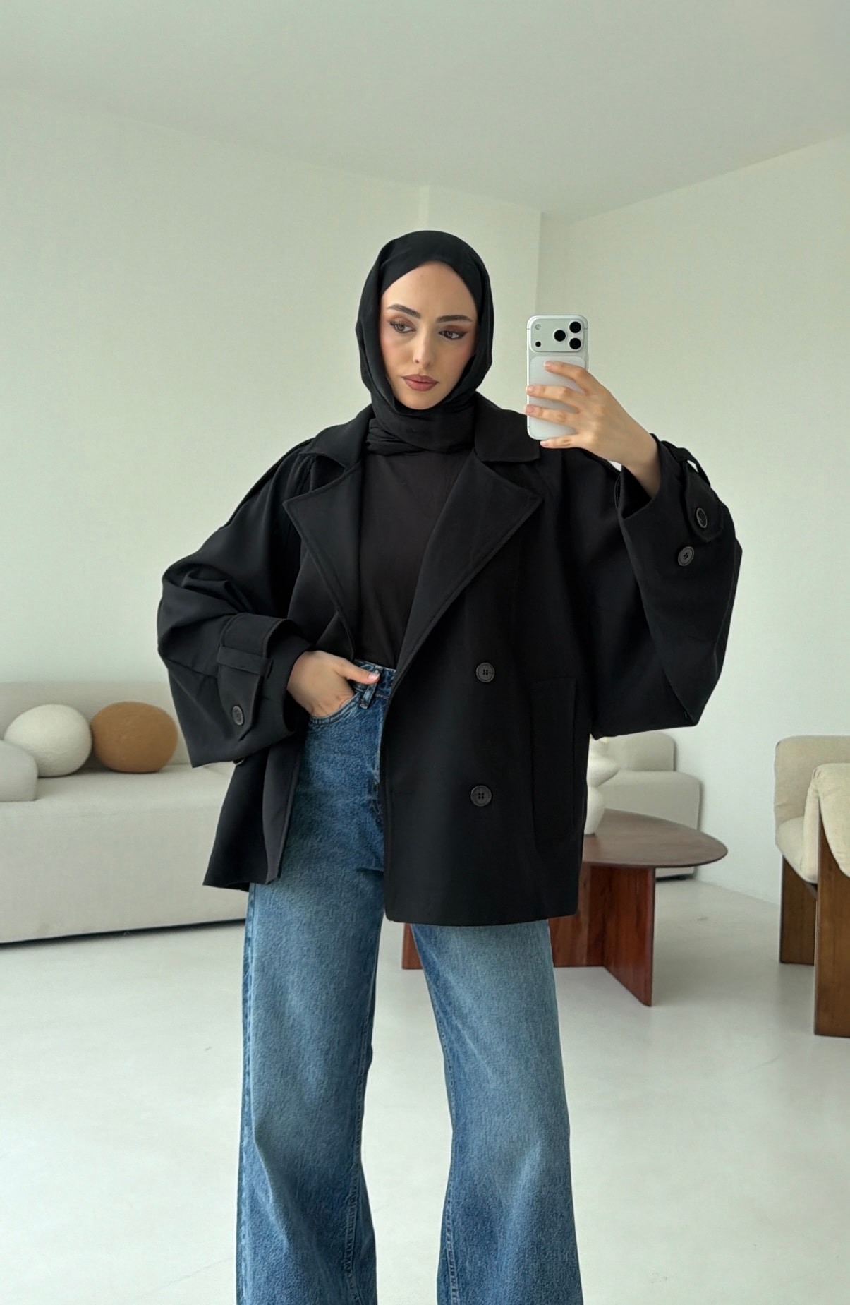 Dökümlü Trençkot Siyah