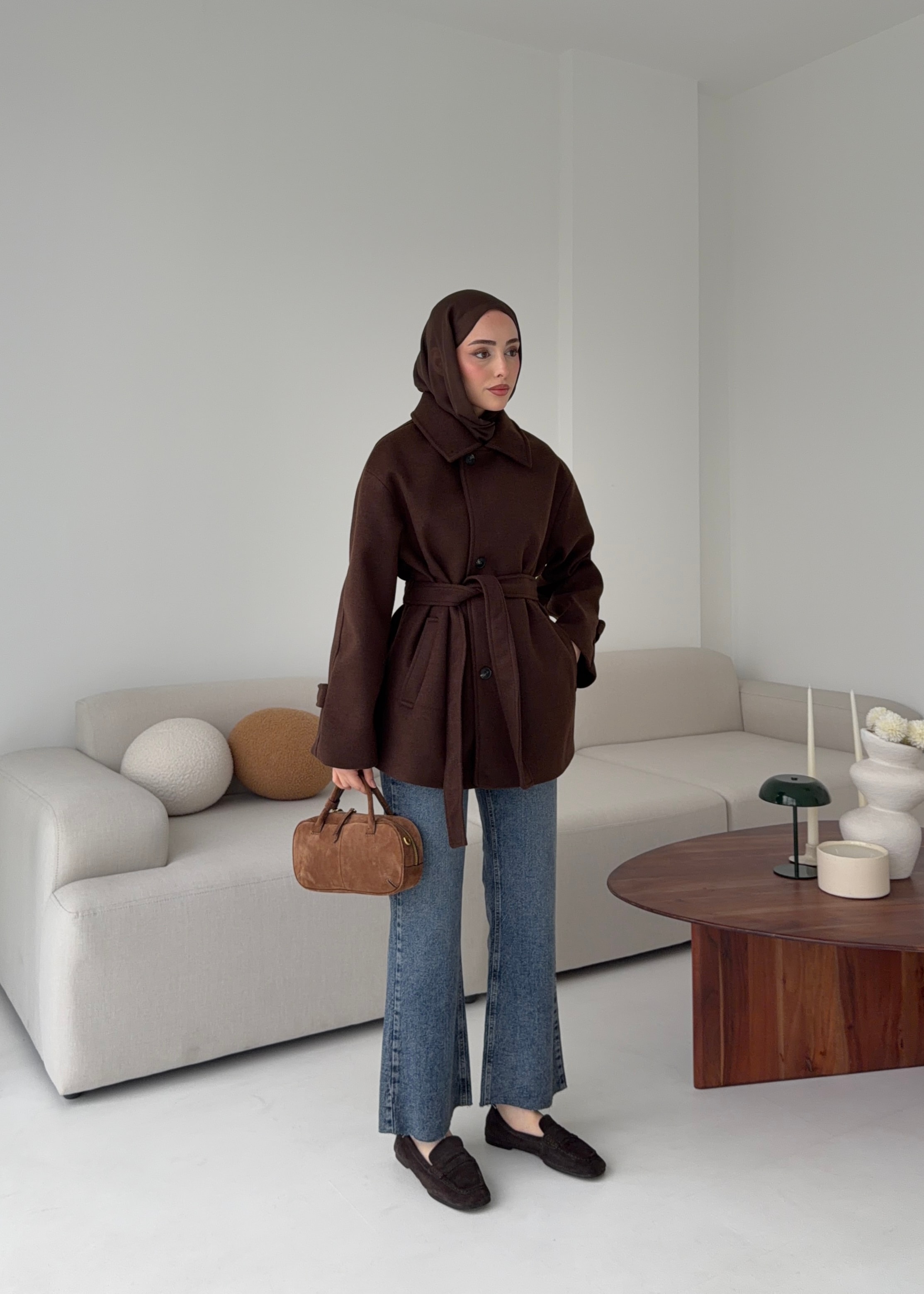 Kol Apoletli Kaşe Kaban Kahve