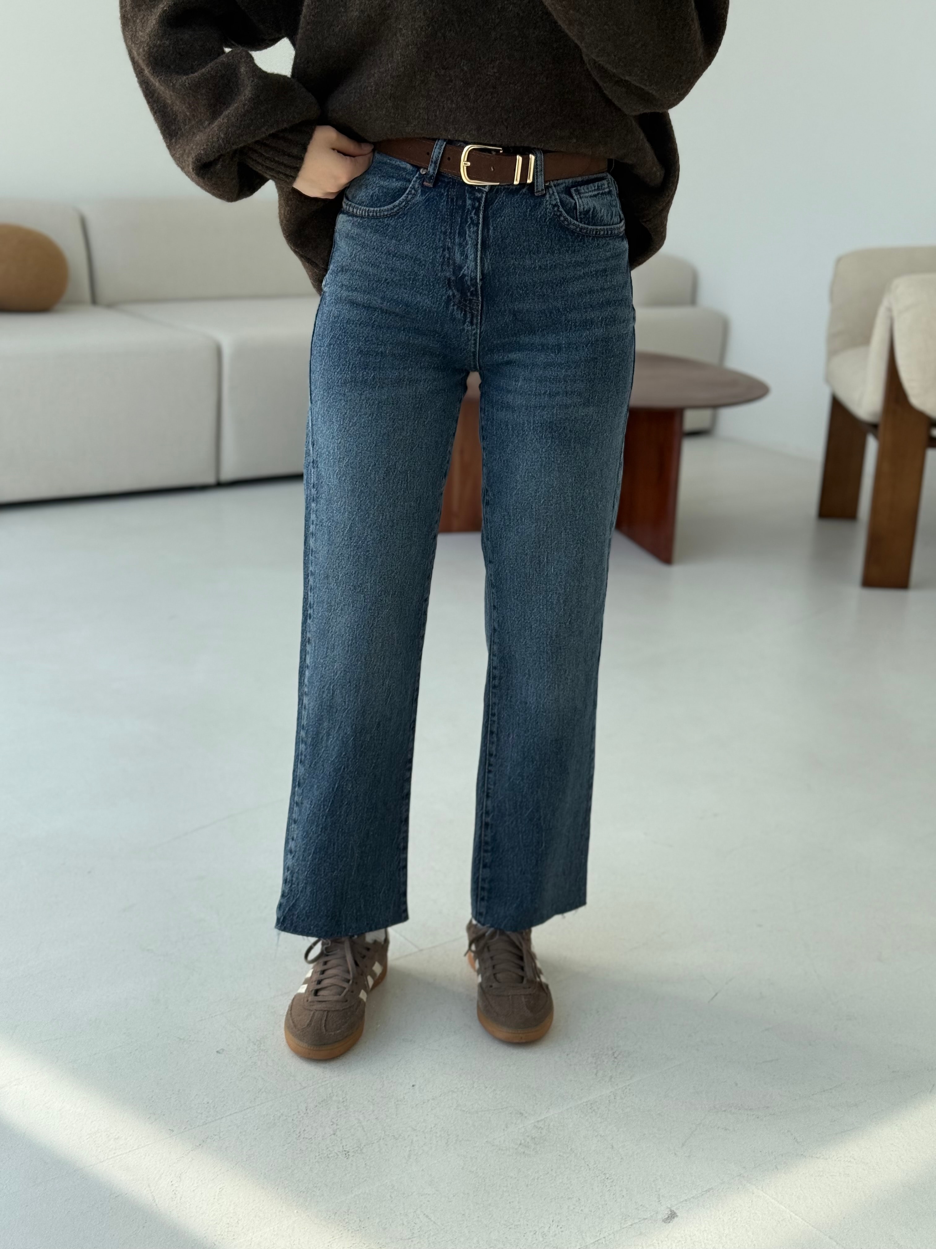 Premium Paçası Kesik Jean Kahve Kemerli