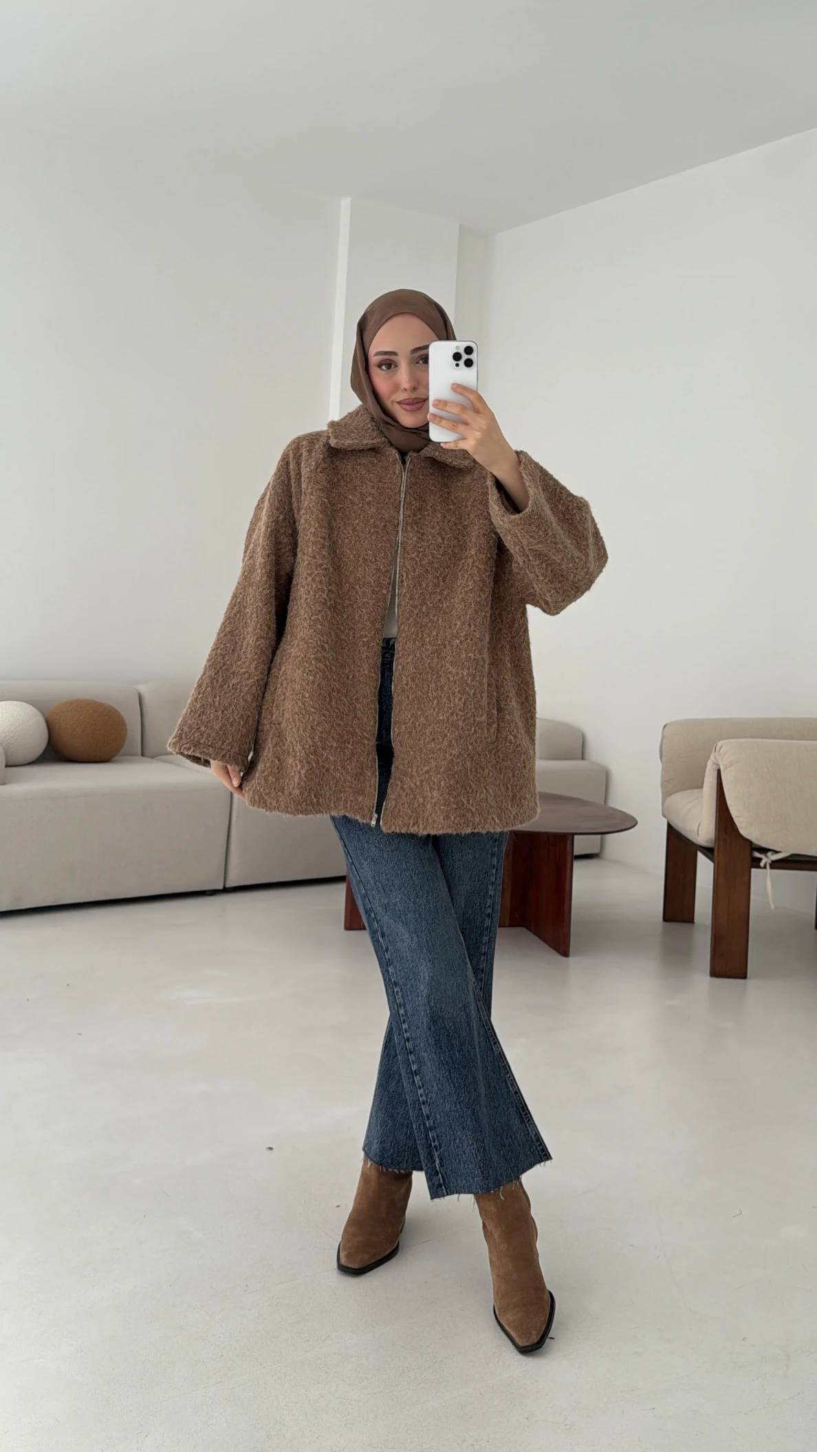 Kırçıllı Fermuarlı Kaban Kahve