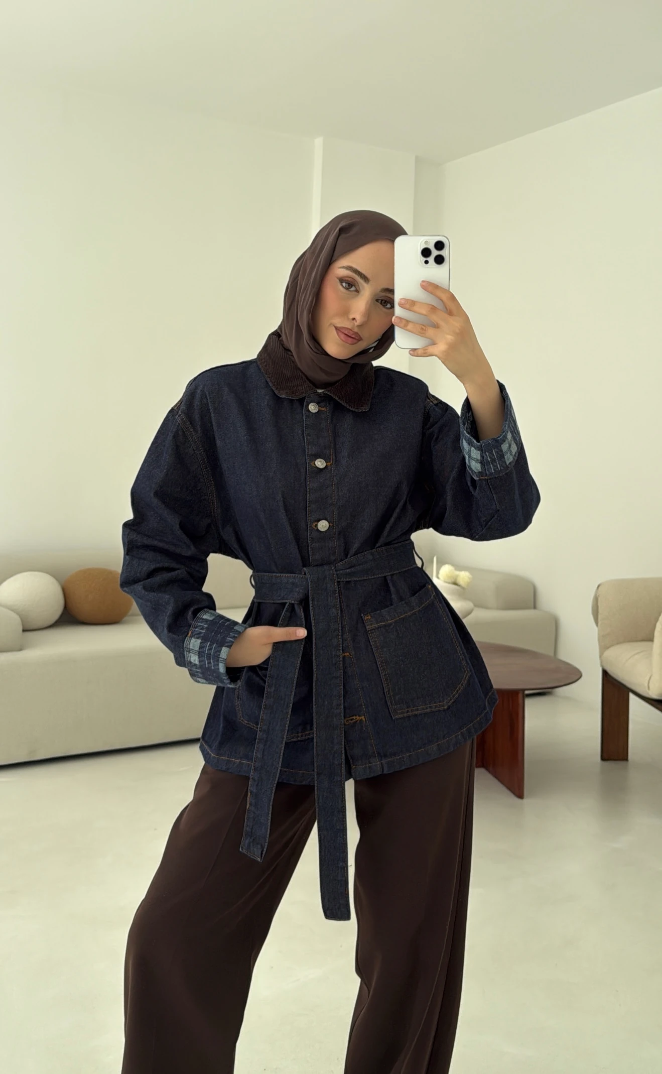 Astarı Ekose Detay Denim Ceket Mavi