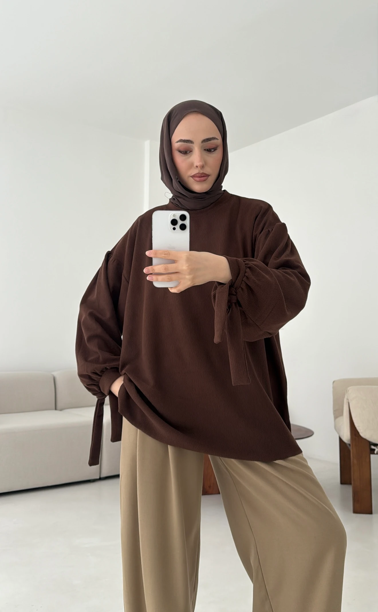 Selanik Balon Kol Bagcıklı Sweat Kahve 