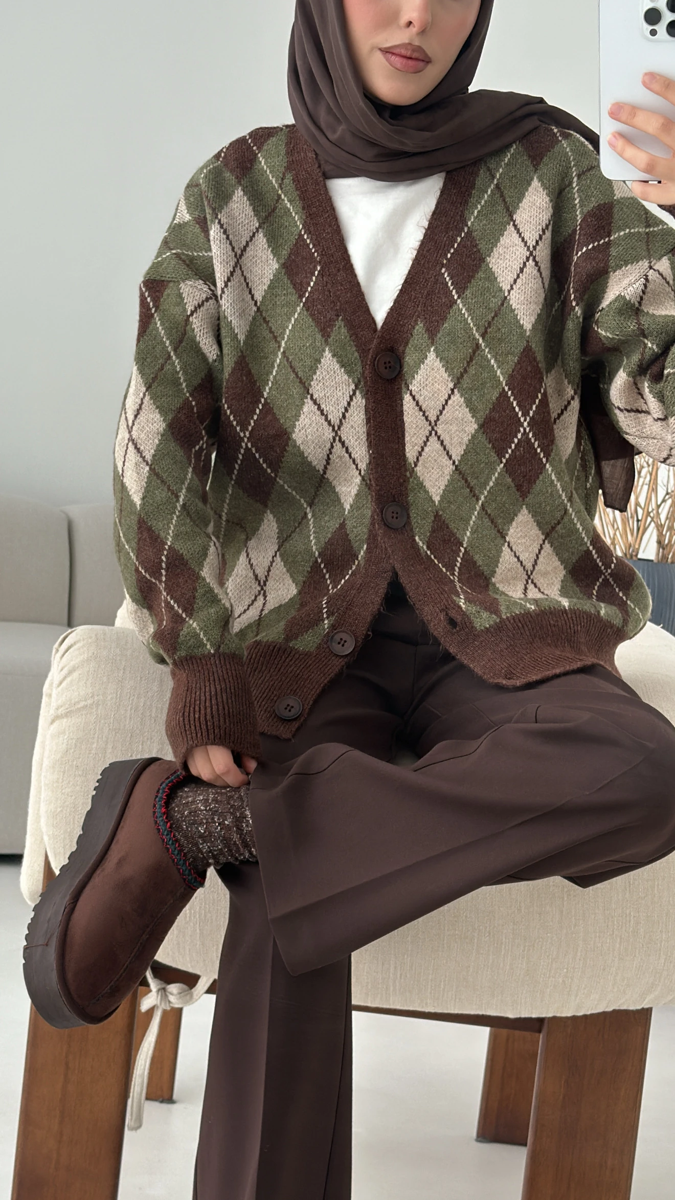 Baklava Jakarlı Hırka Kahve