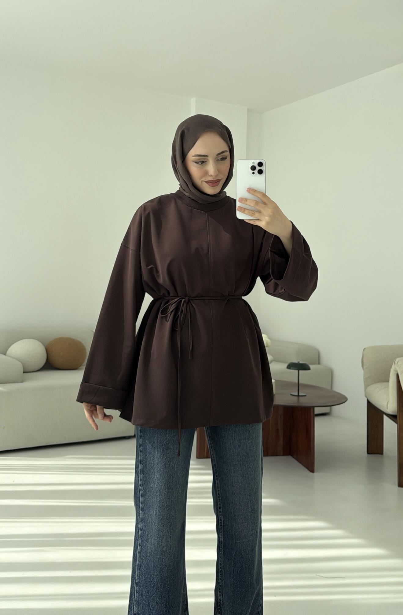 Bağlamalı Yanı Yırtmaç Detay Sweat Kahve