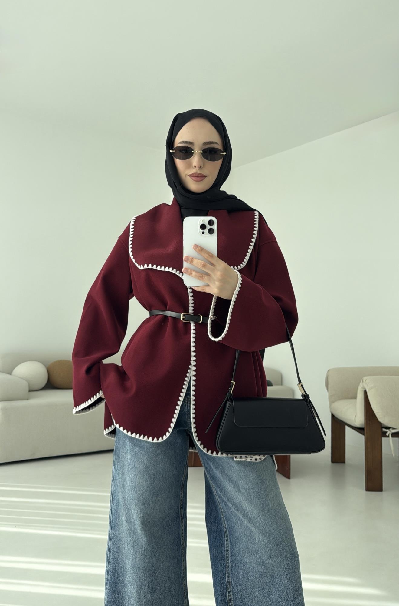 Dikişli Kaşe Ceket Bordo