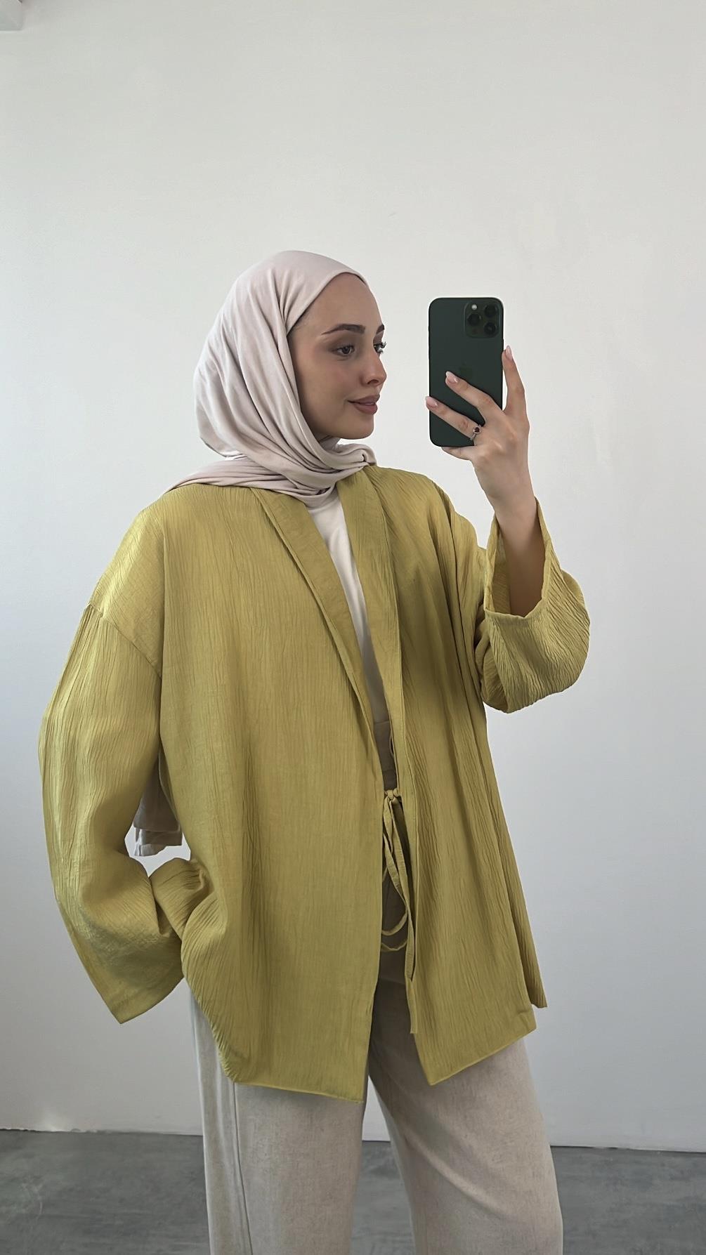 Yağ Yeşili Dokulu Kimono