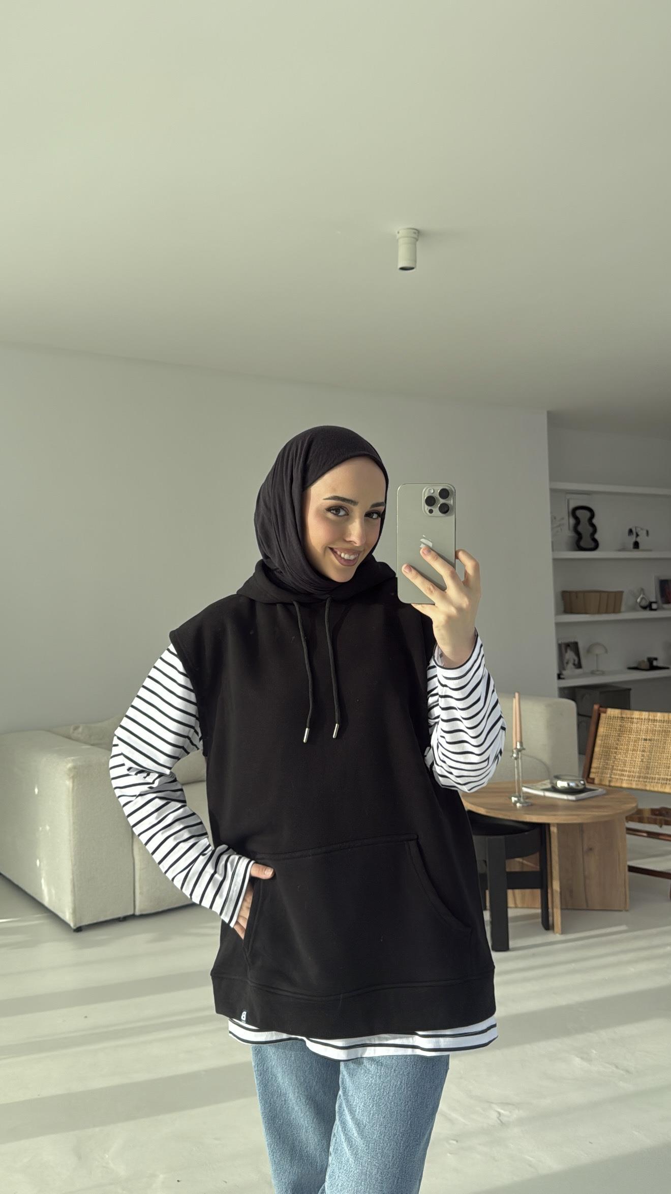 Kapüşonlu Çizgili İki Parçalı Sweat Siyah