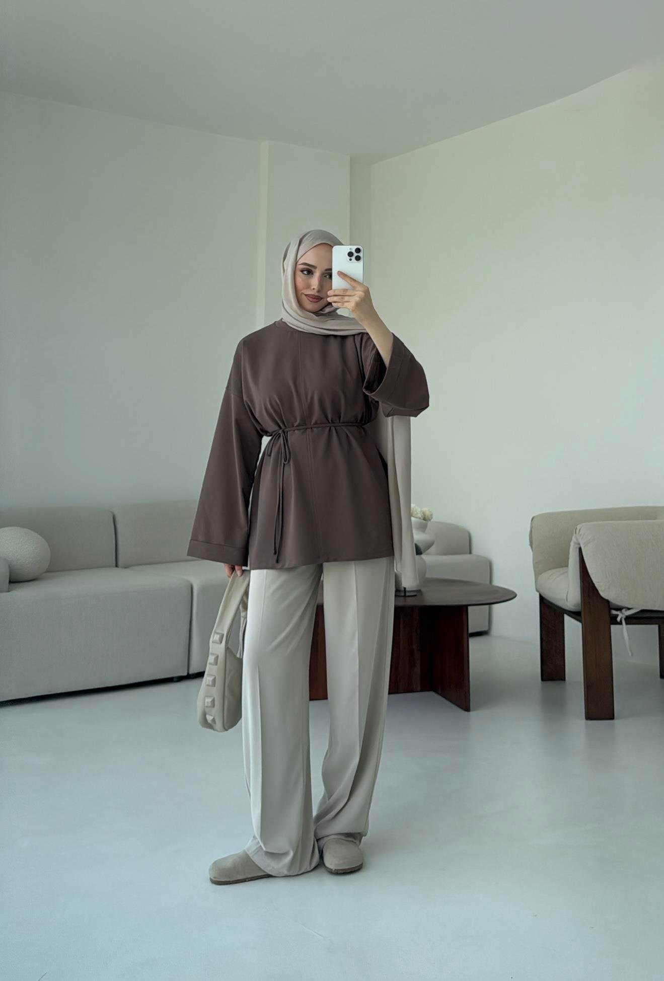 Bağlamalı Yanı Yırtmaç Detay Sweat Acık Kahve