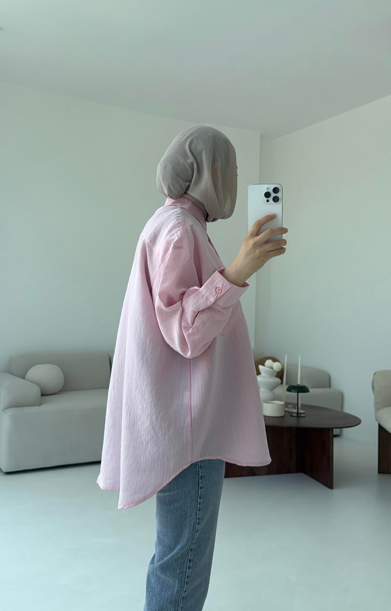 Pembe Tek Cep Çizgili Gömlek