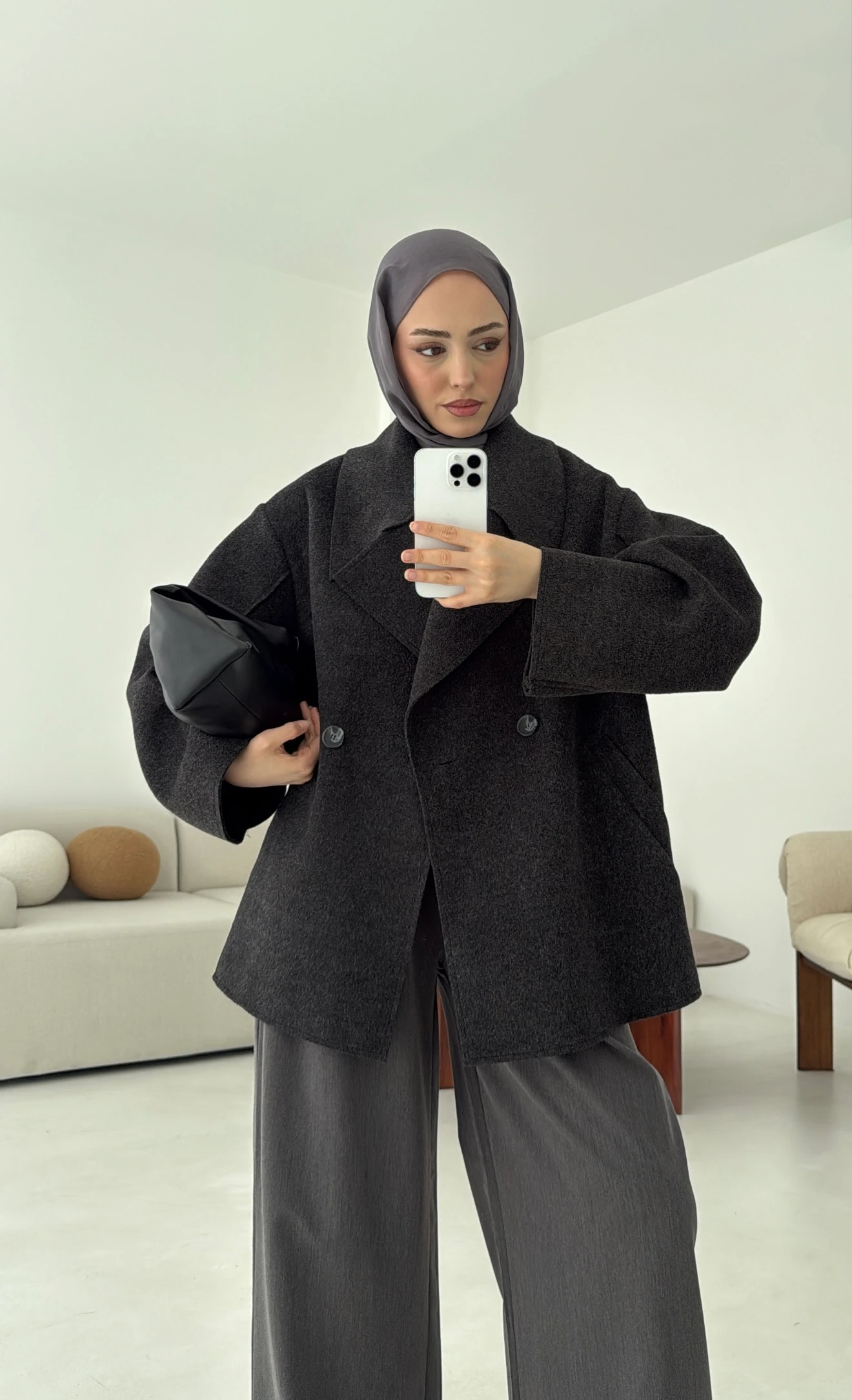 Yumuşak Şal Yaka Kaban Antrasit