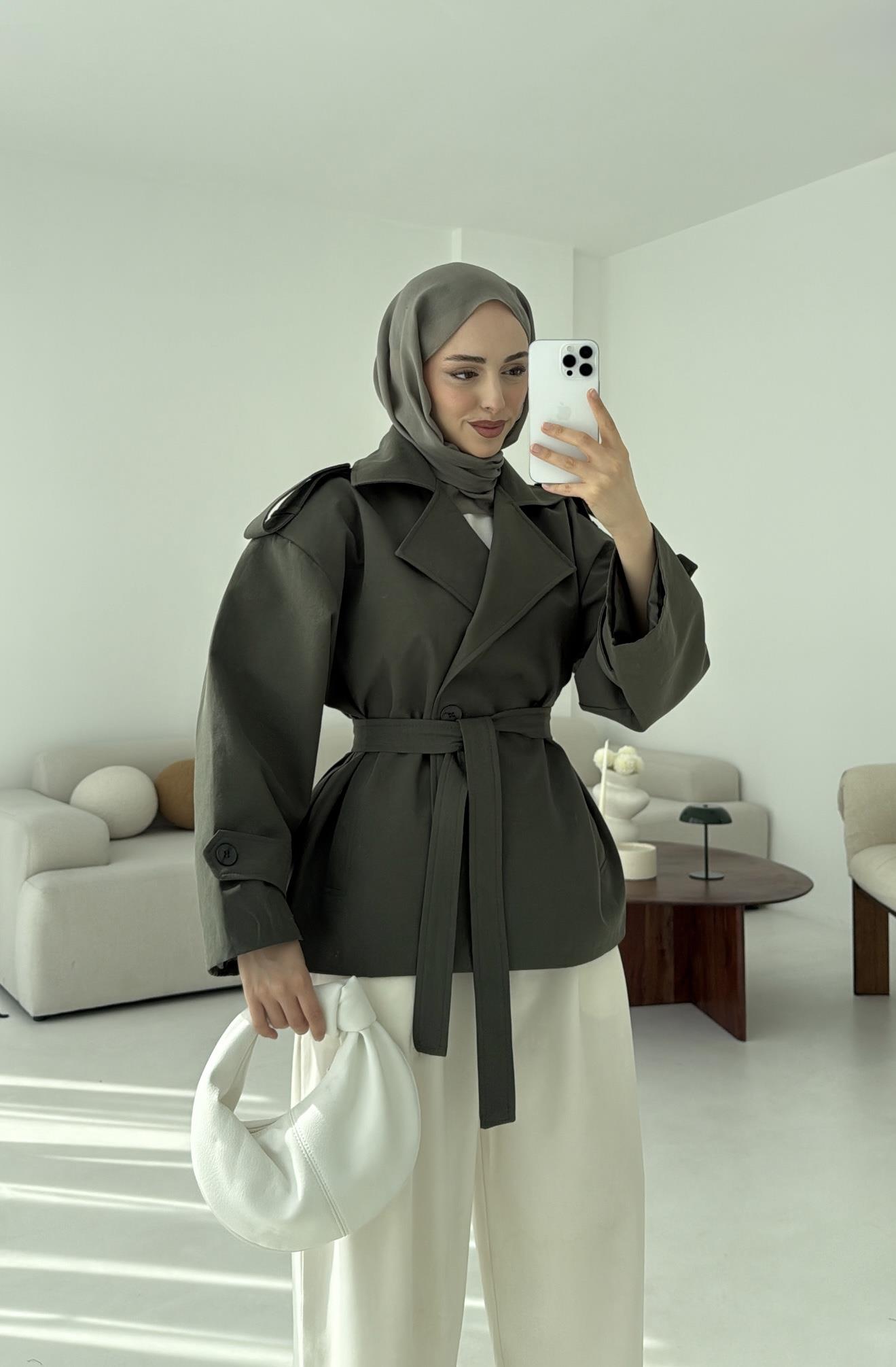 Vatkalı Kısa Trençkot Haki
