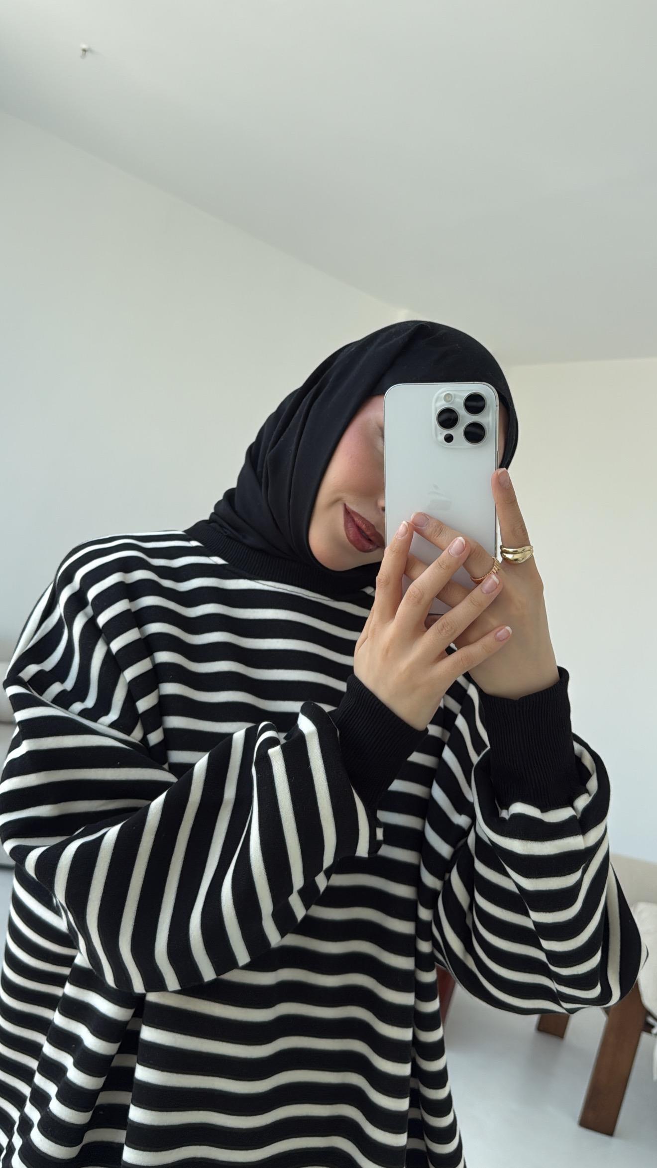 Çizgili Oversize Sweatshirt Siyah