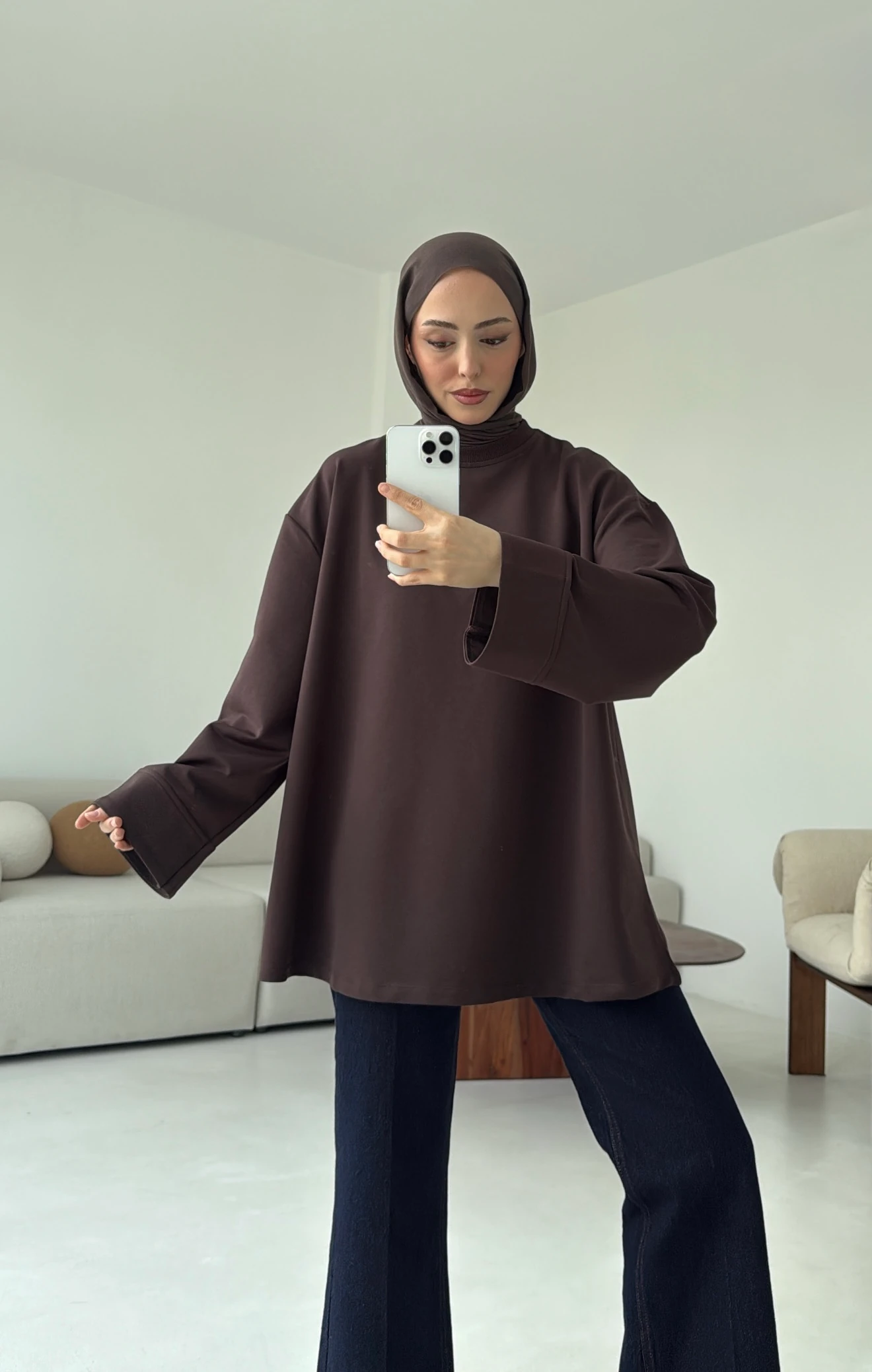 Dikiş Detay Basic Sweat Kahve