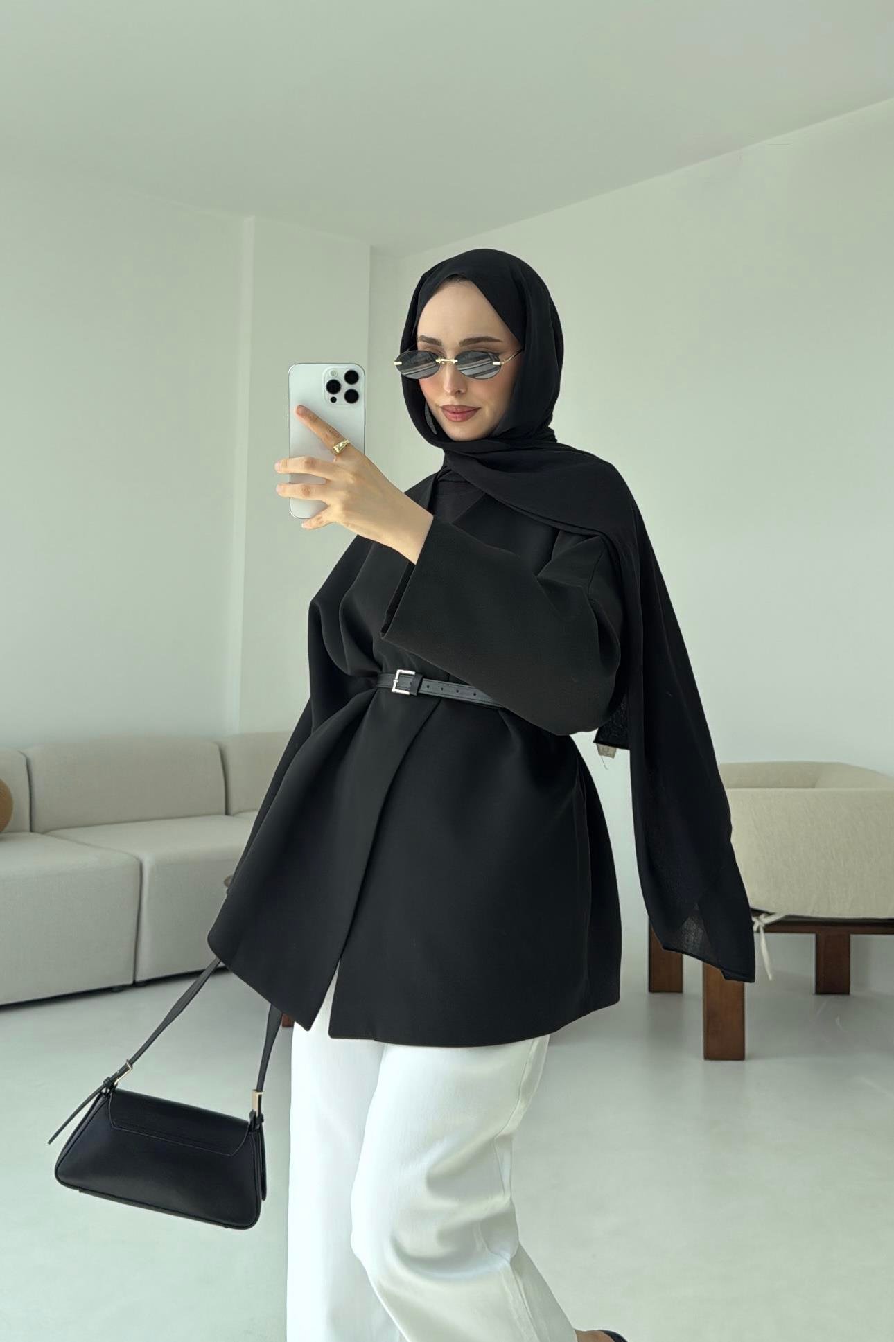 Deri Kemer Detay Oversize Ceket Siyah