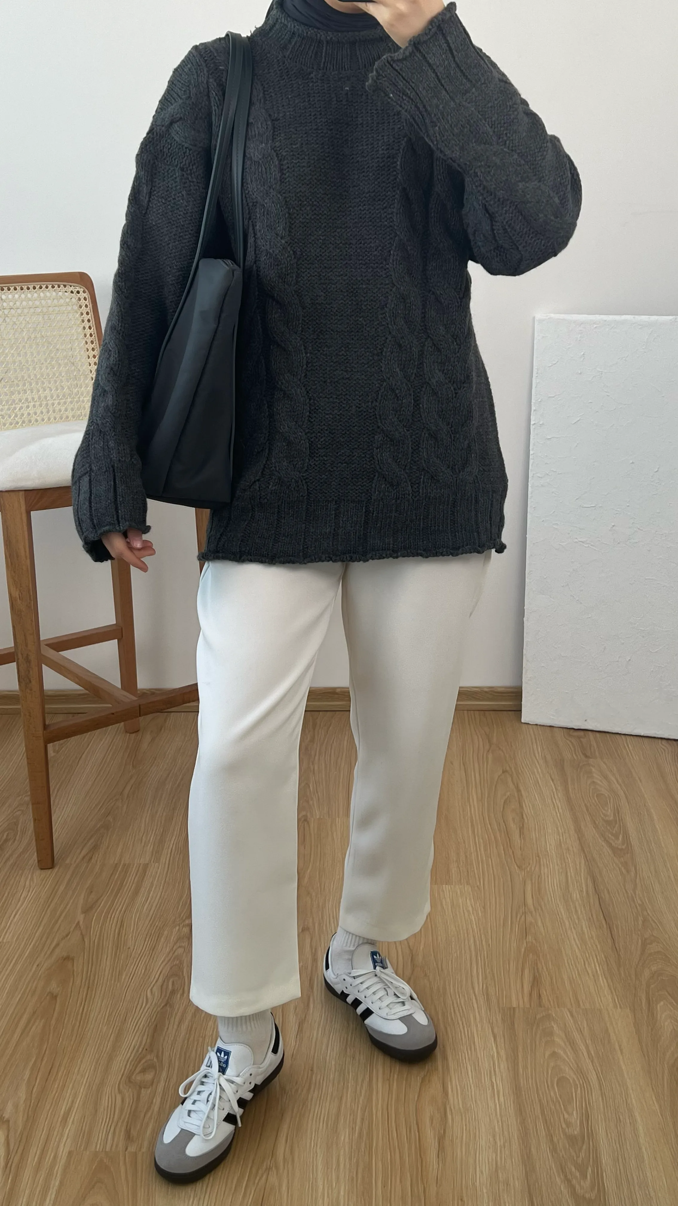 Örgü Detaylı Kalın Kazak Antrasit