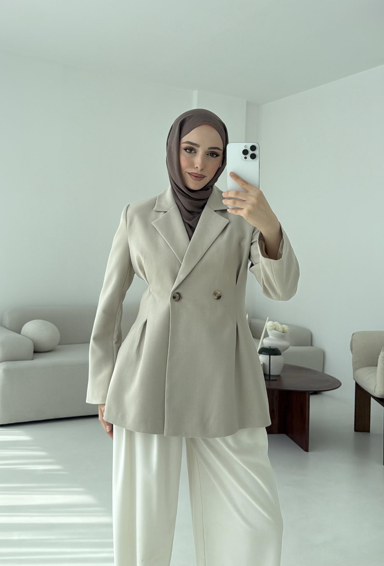 Pile Detay Blazer Ceket Taş