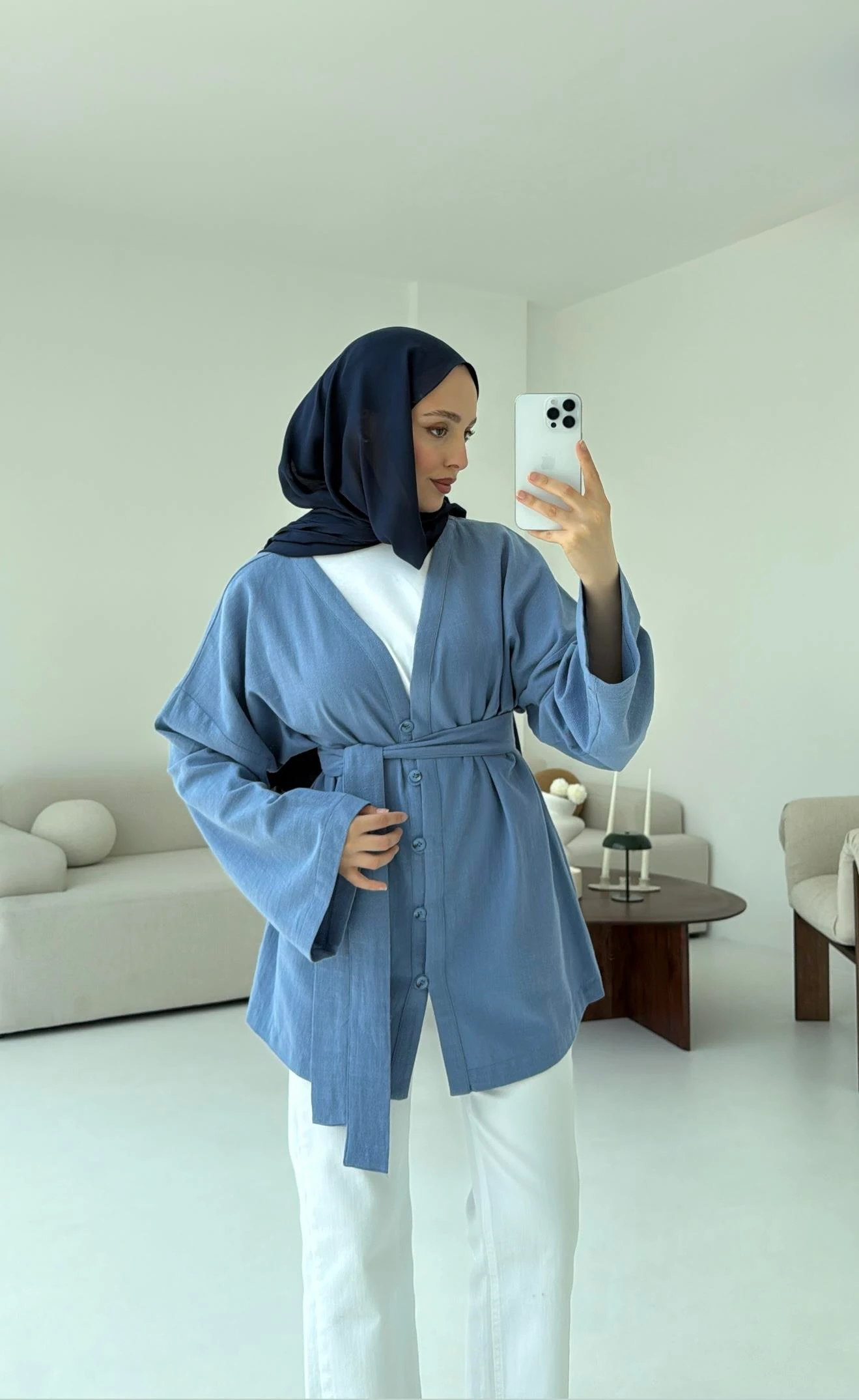 Linen Düğmeli Kimono Mavi