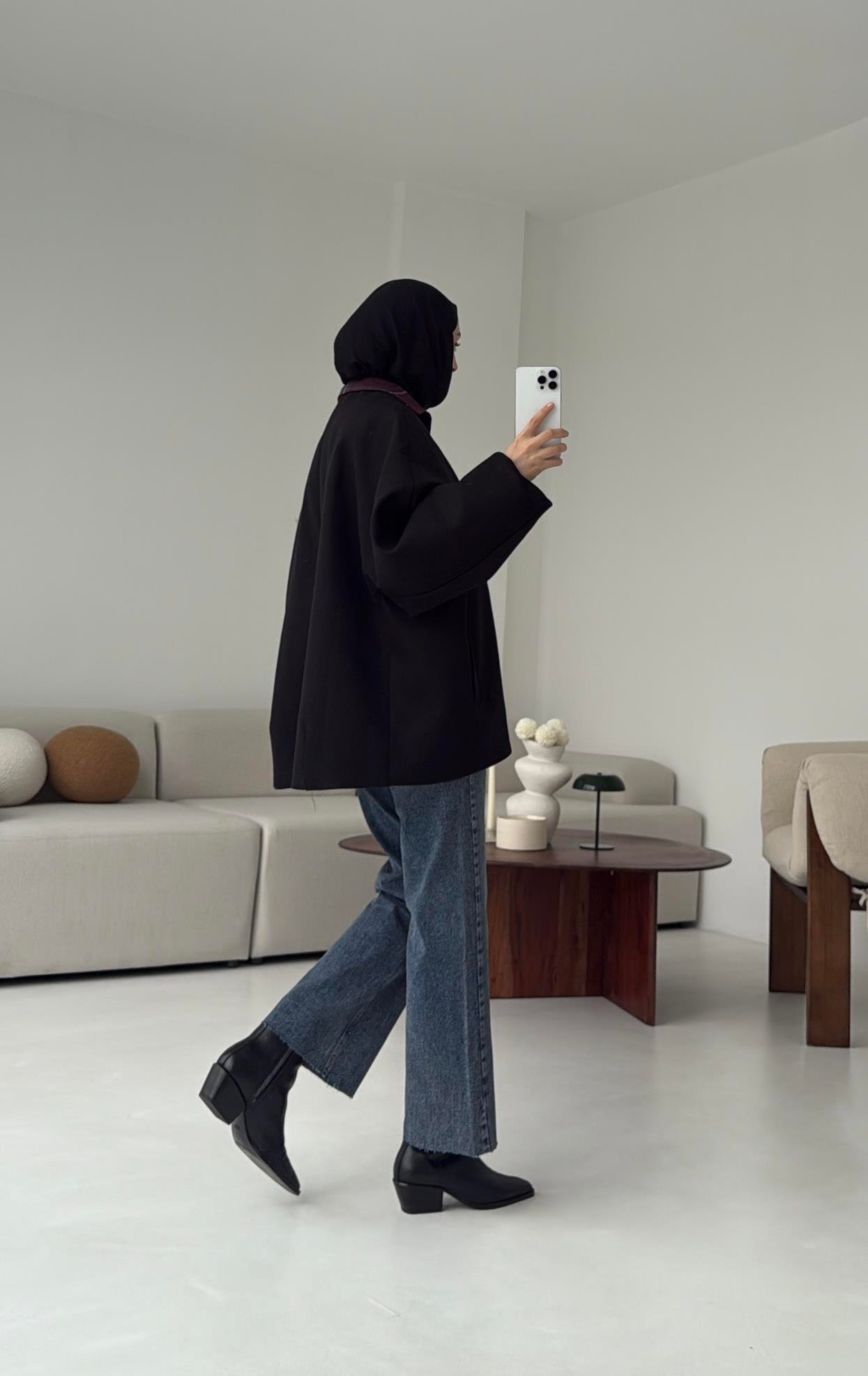 Soft Oversize Kaşe Kaban Siyah