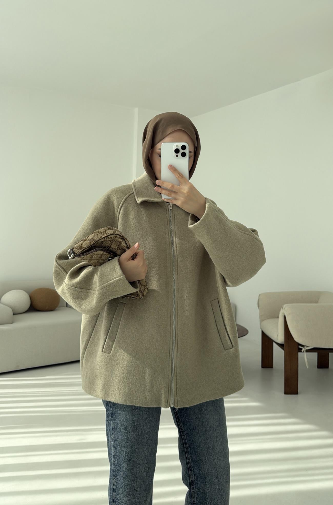 Fermuarlı Premıum Kece Ceket Küf Yeşili