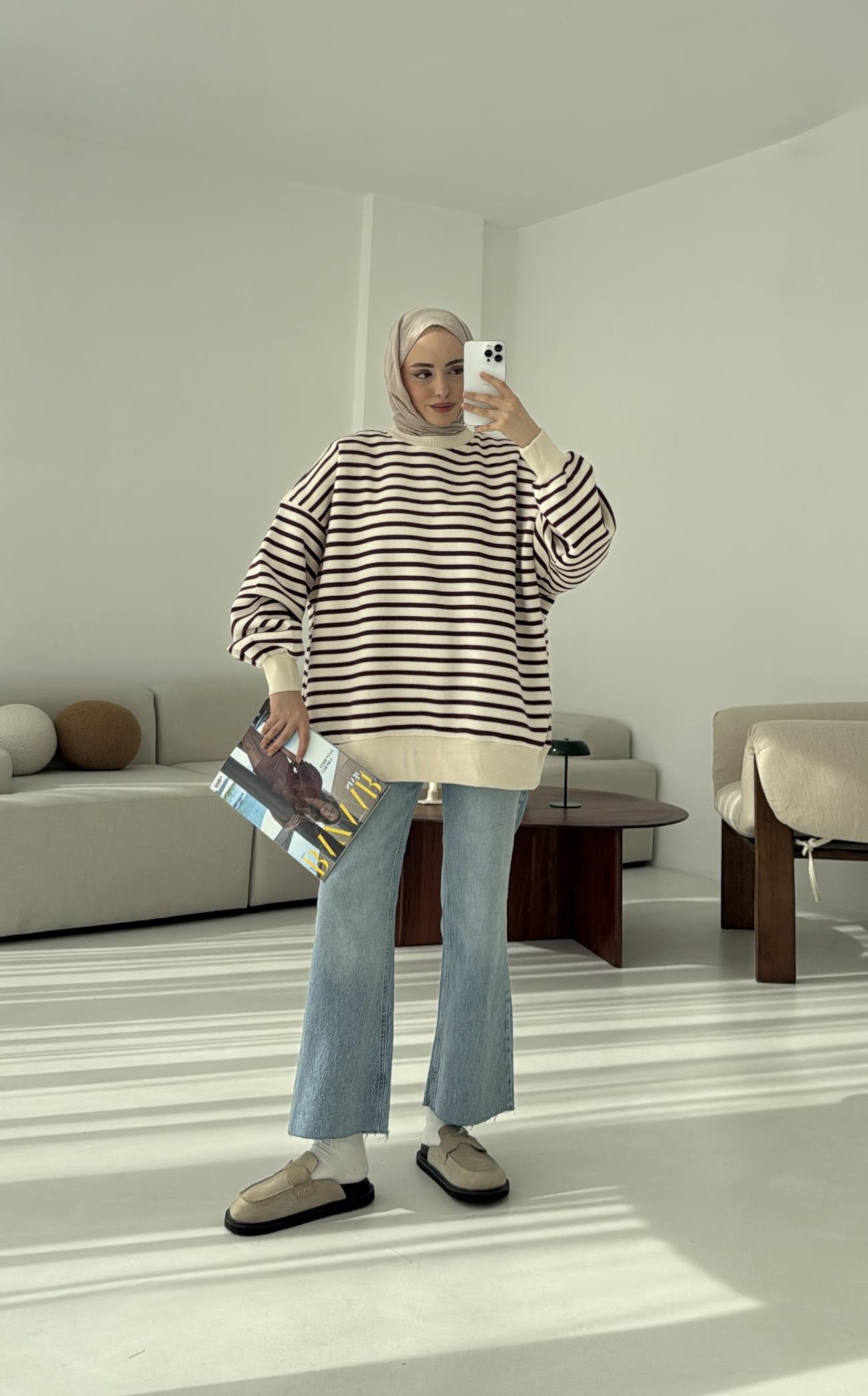 Çizgili Oversize Sweatshirt Bordo