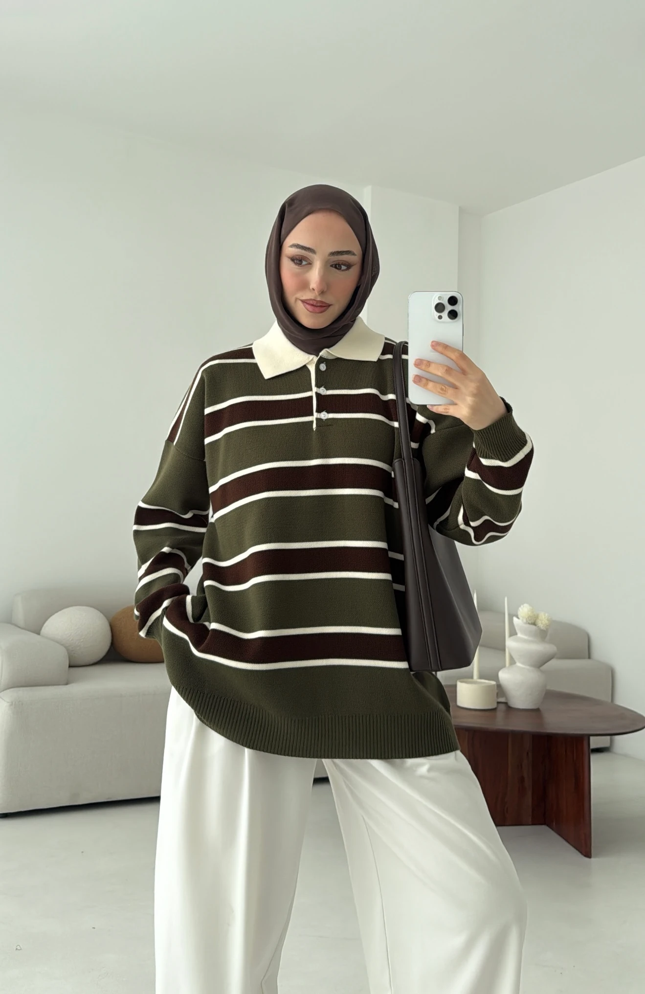 Haki Kahve Çizgili Triko Kazak