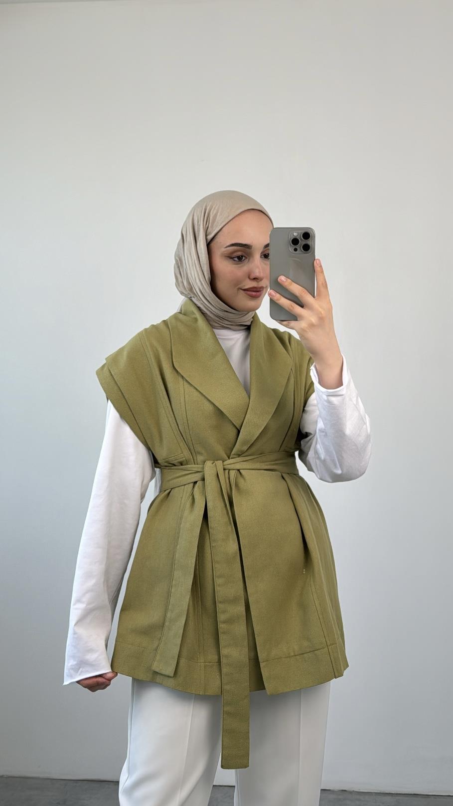 Bağlamalı Keten Yelek Yeşil