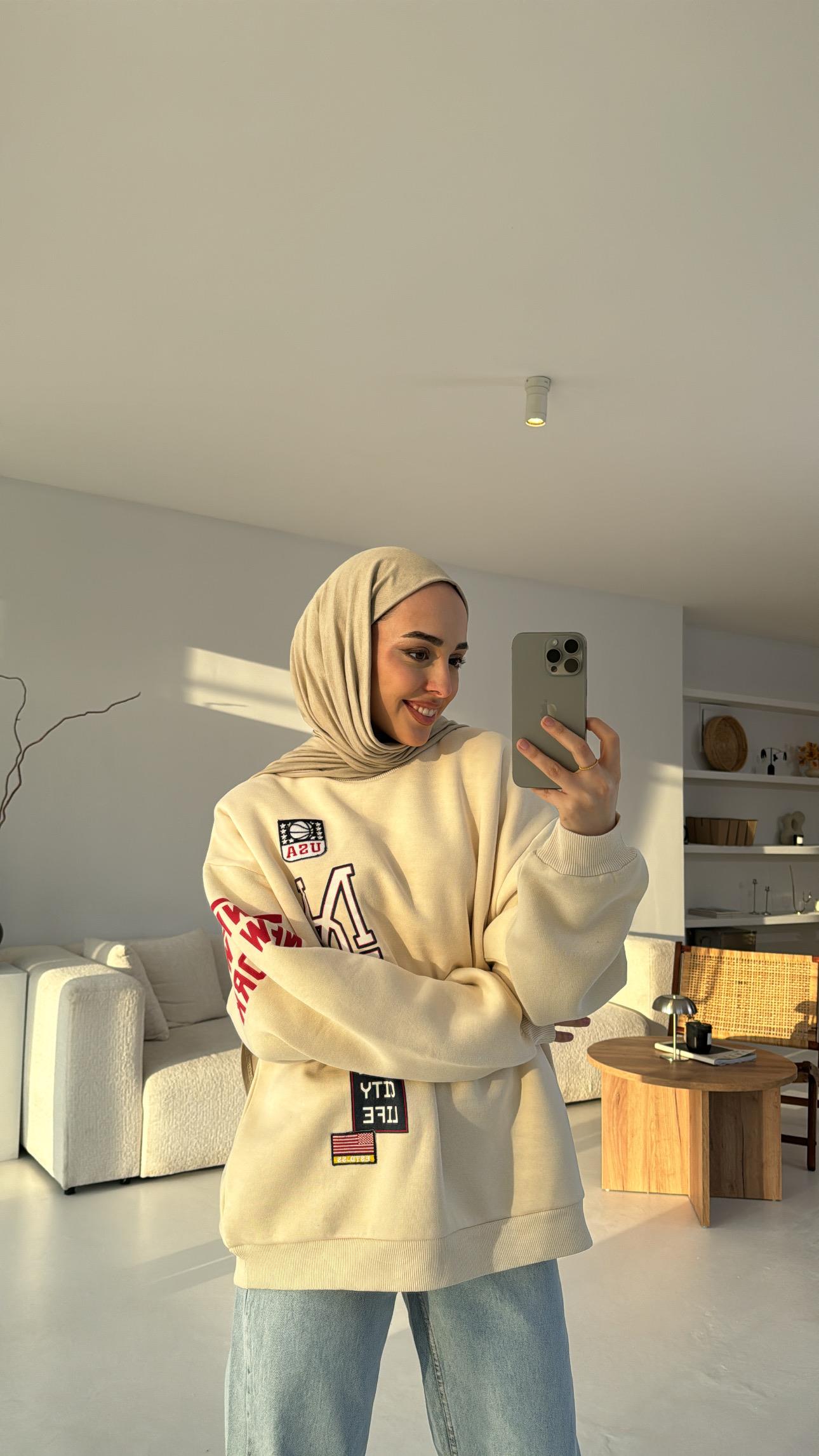 Bej NYC Baskılı Sweatshirt
