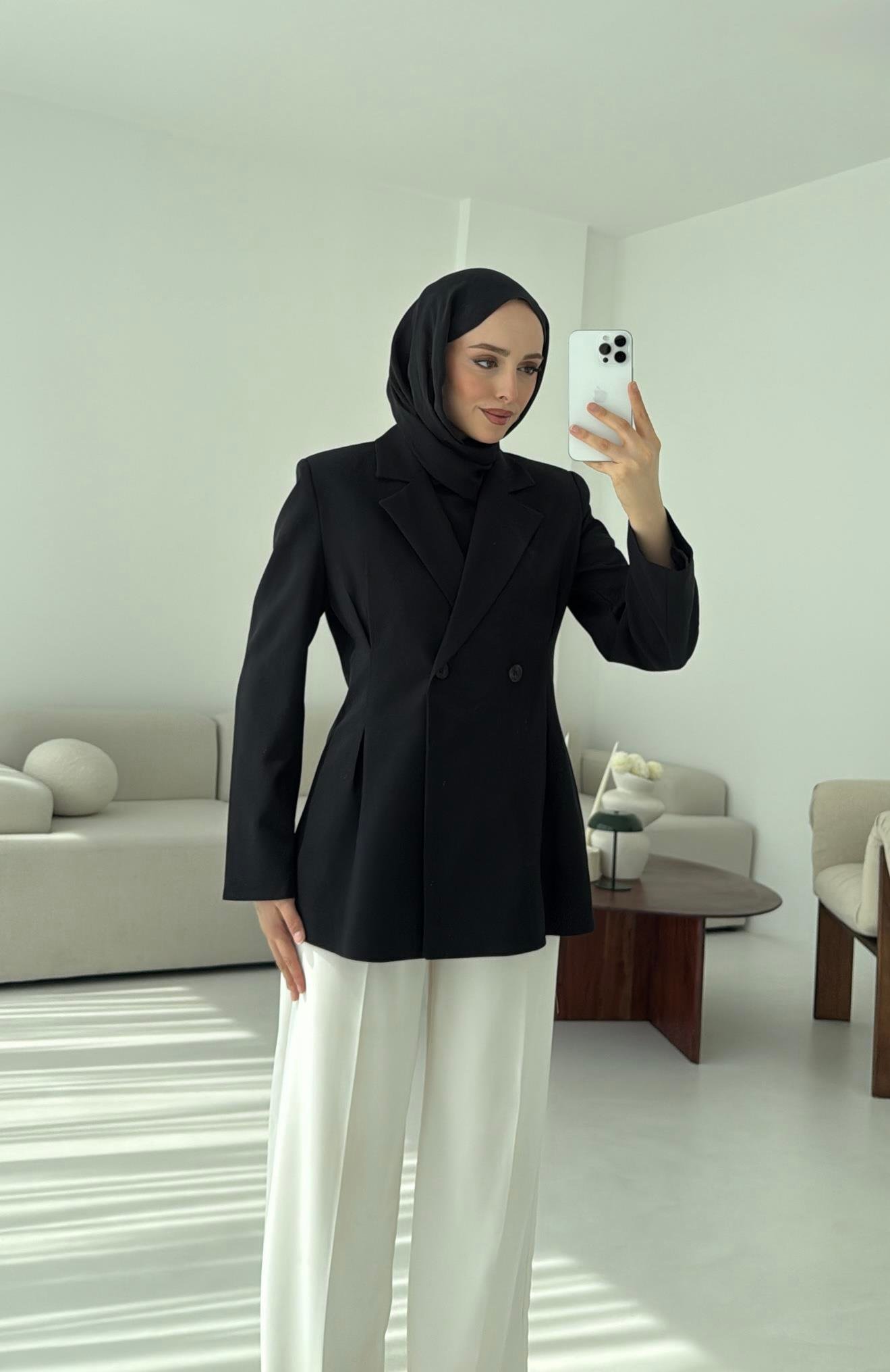 Pile Detay Blazer Ceket Siyah